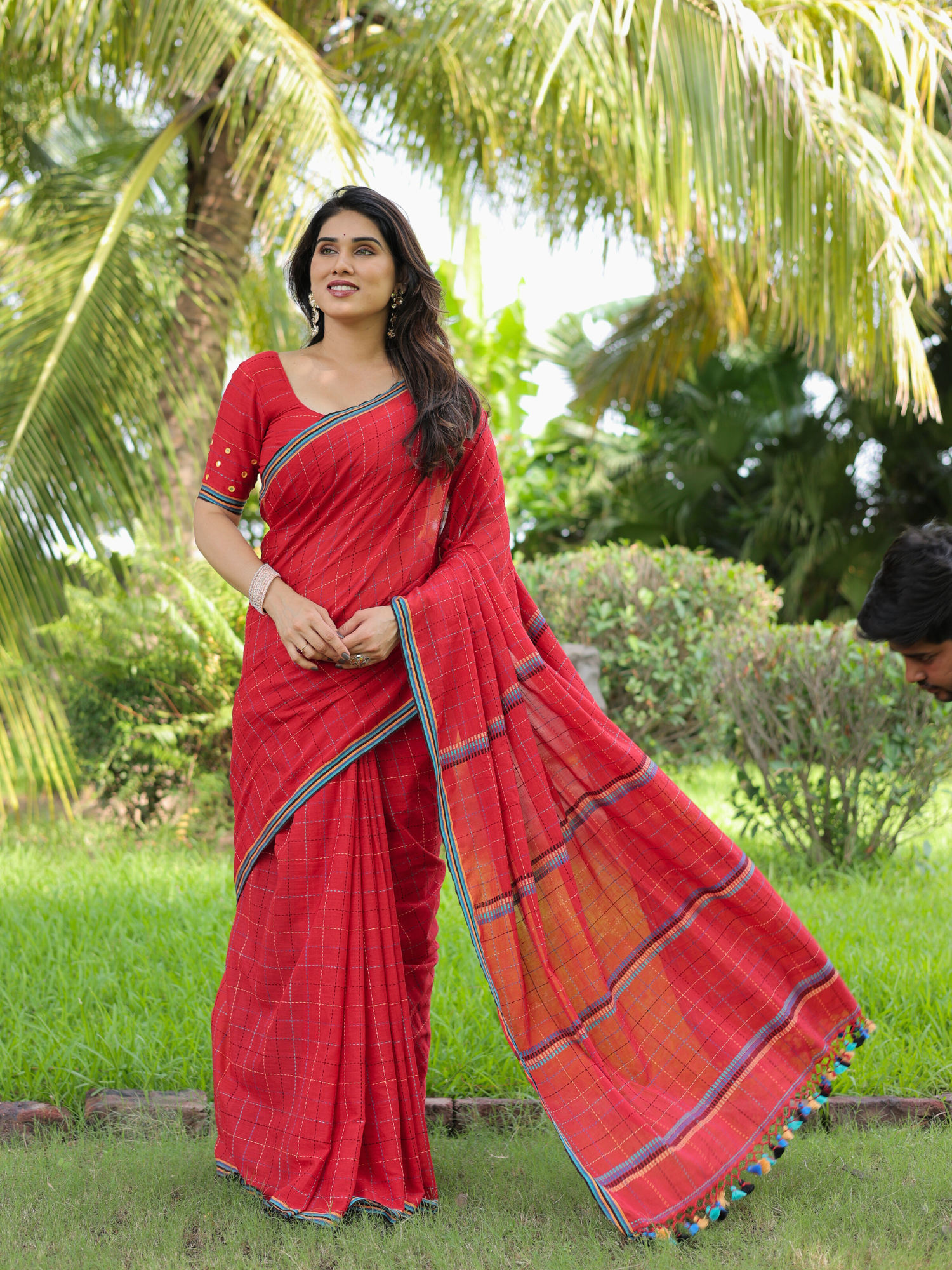 Gulmohar red handloom cotton saree with blouse