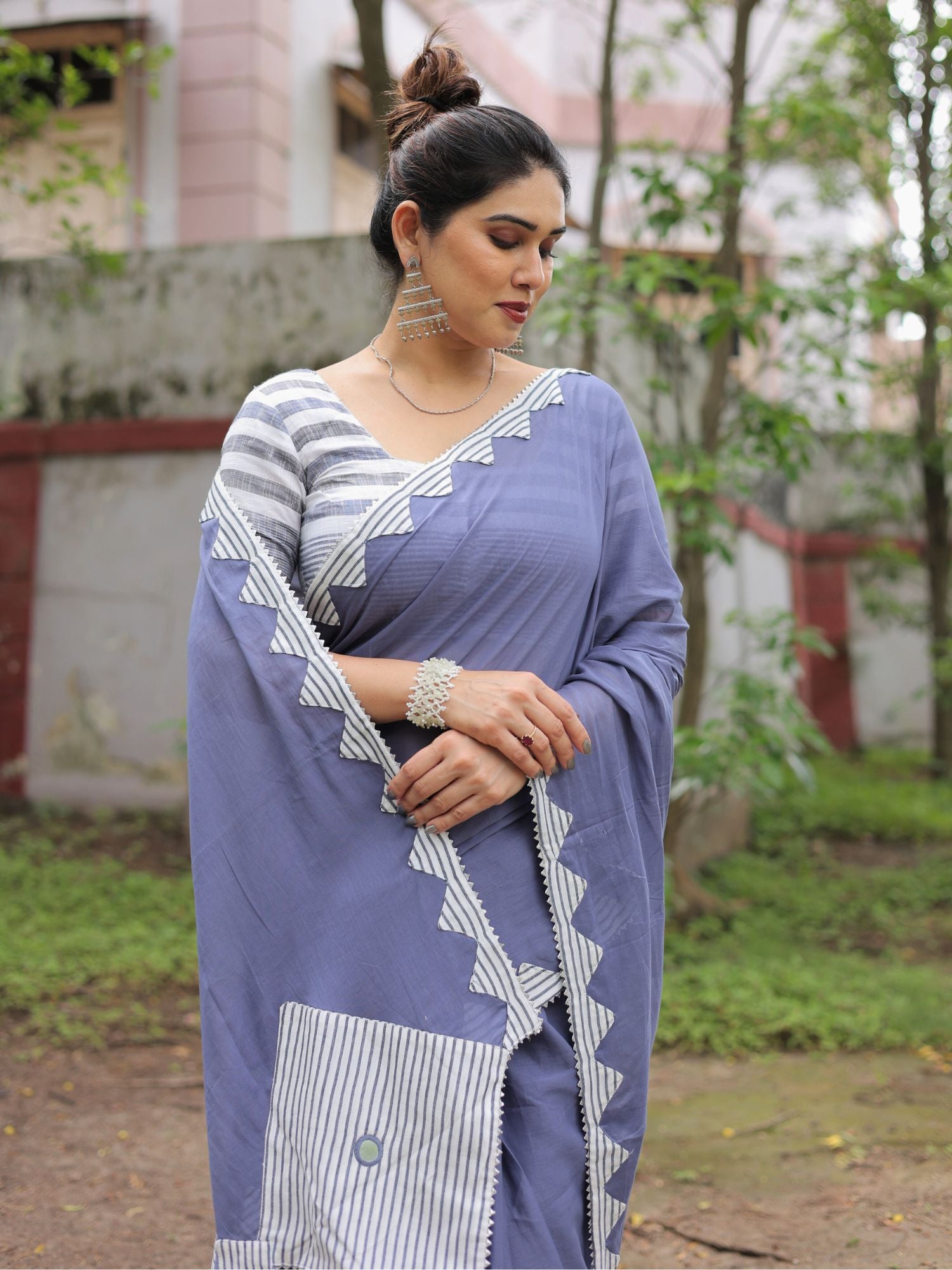 Dusty blue cotton hand applique saree with blouse