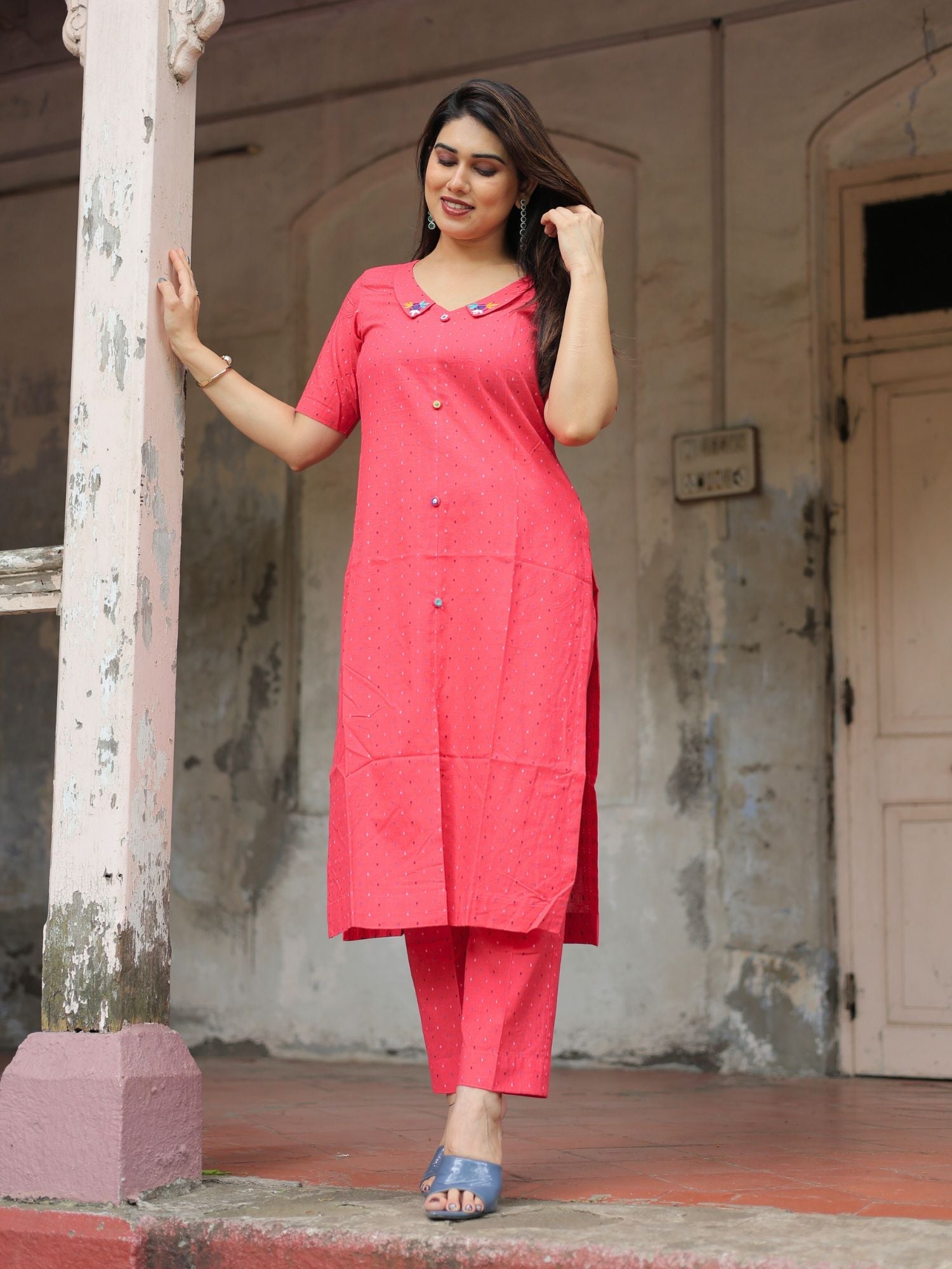 Muskaan red cotton kurta pant set
