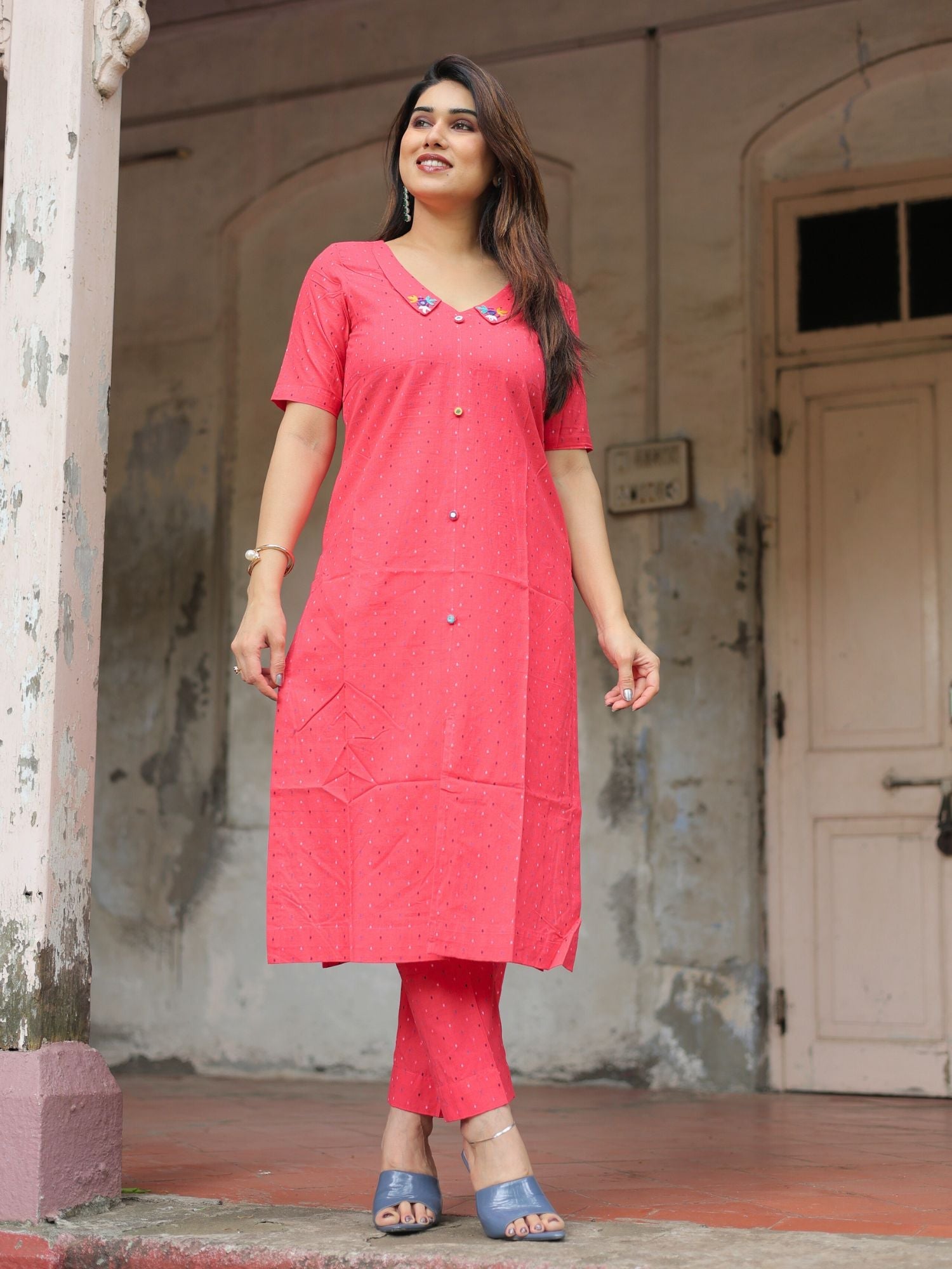 Muskaan red cotton kurta pant set