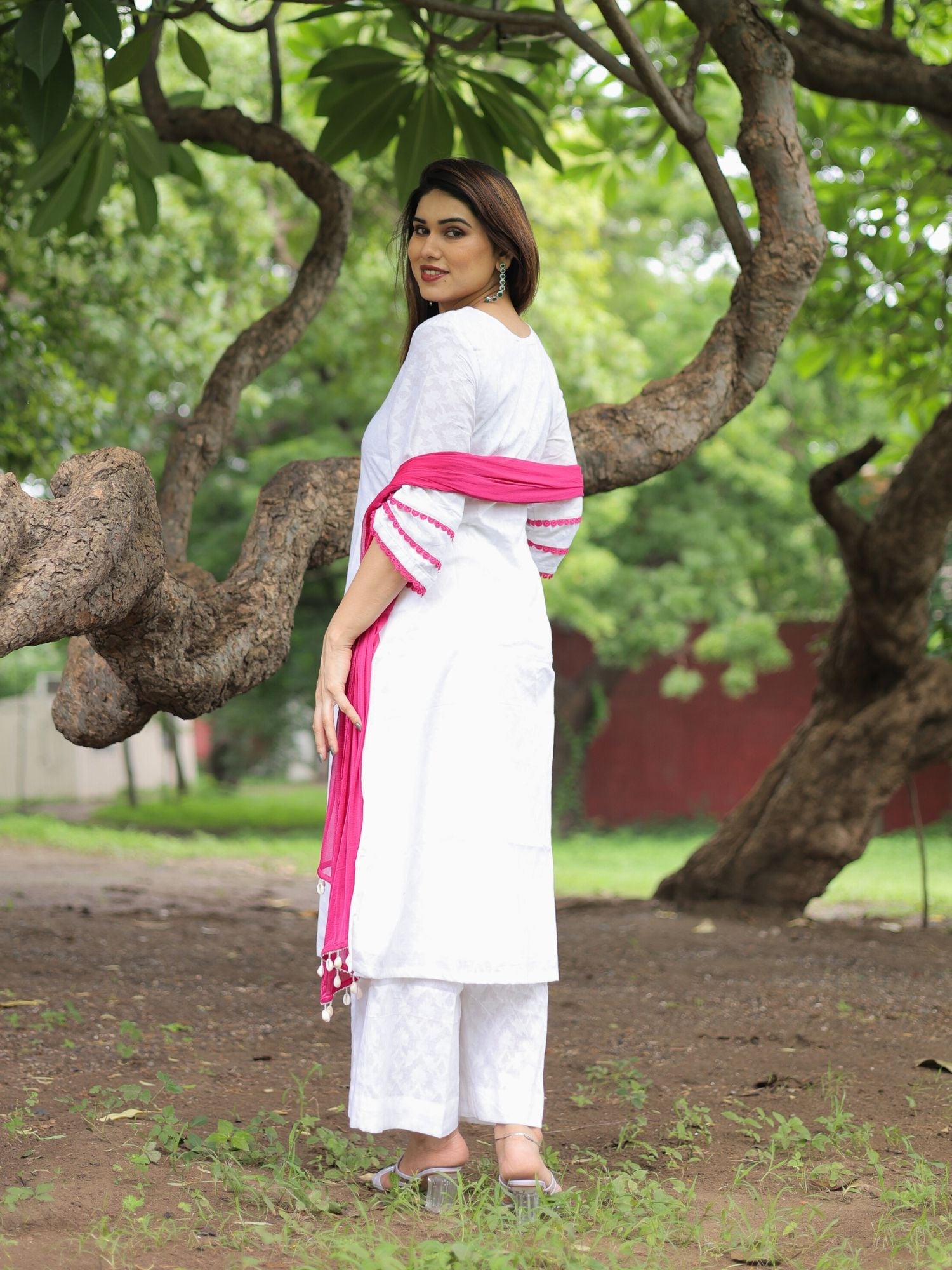 Minal white patchwork suit set
