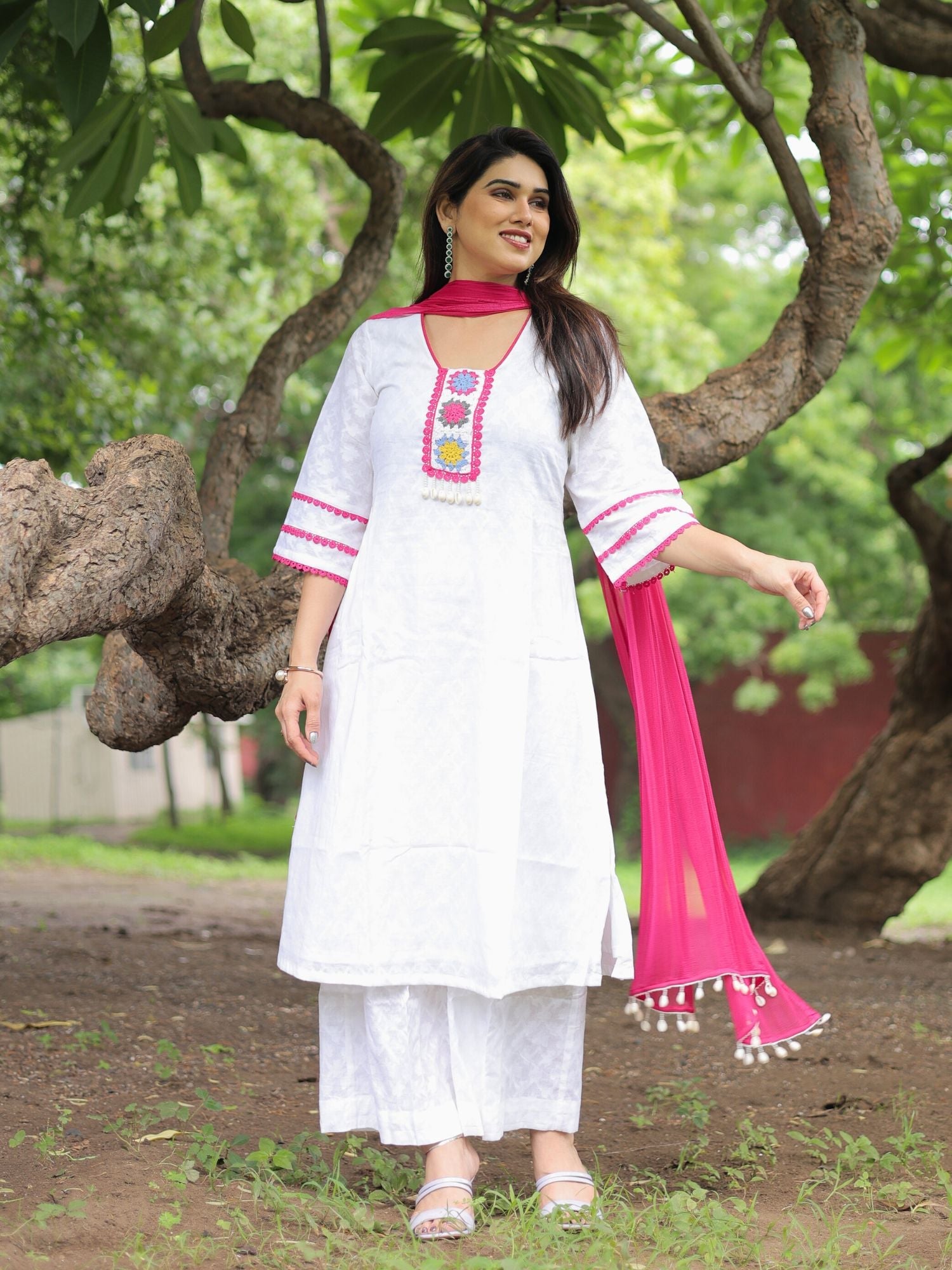 Minal white patchwork suit set