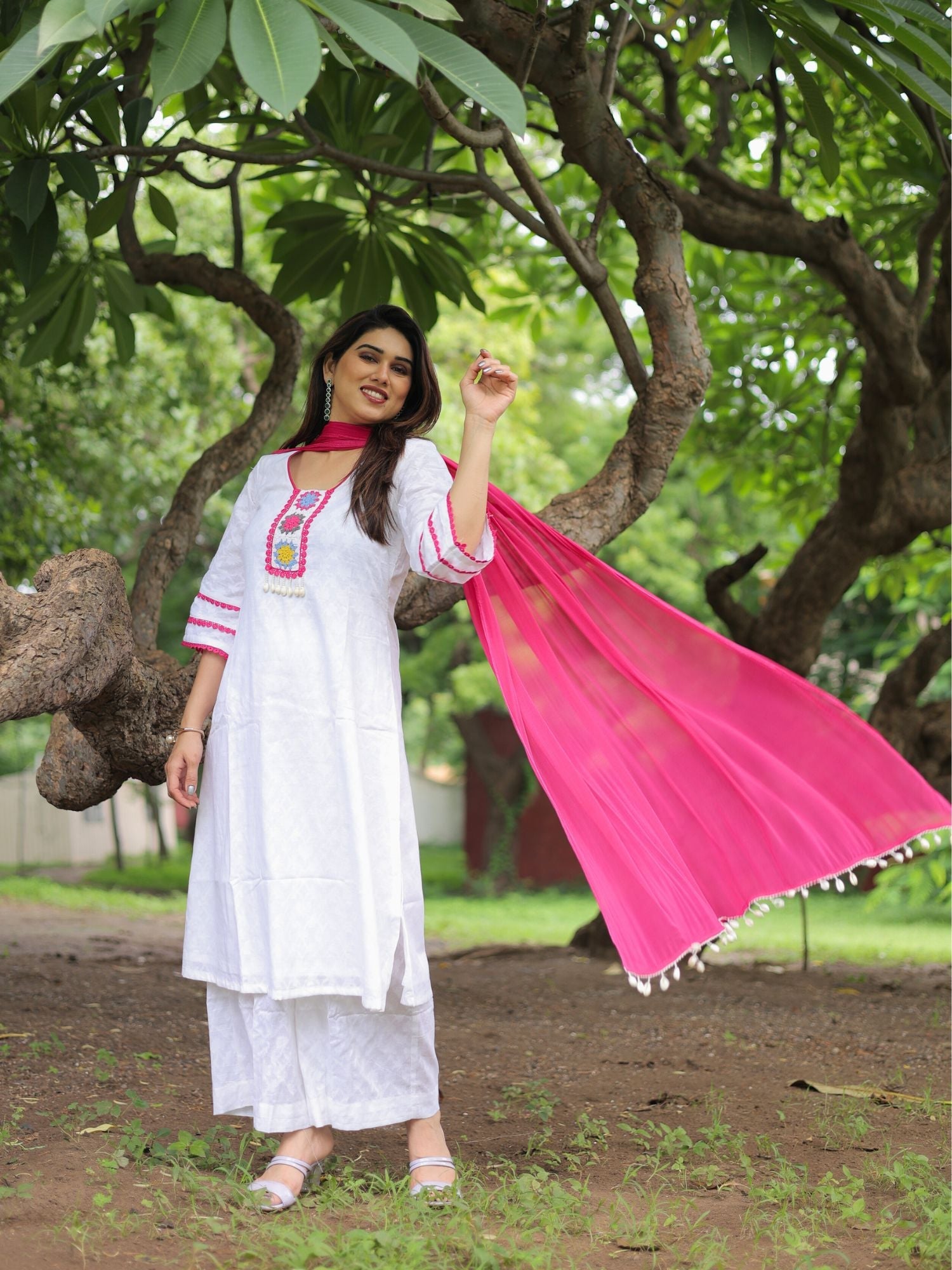 Minal white patchwork suit set