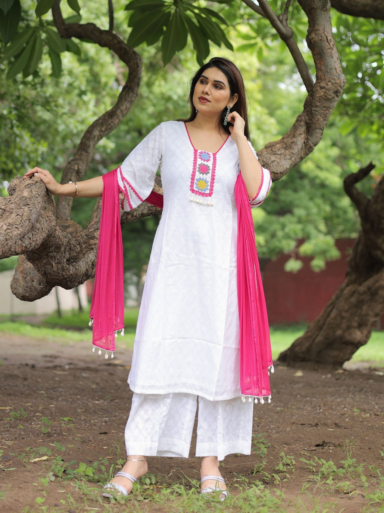 Minal white patchwork suit set