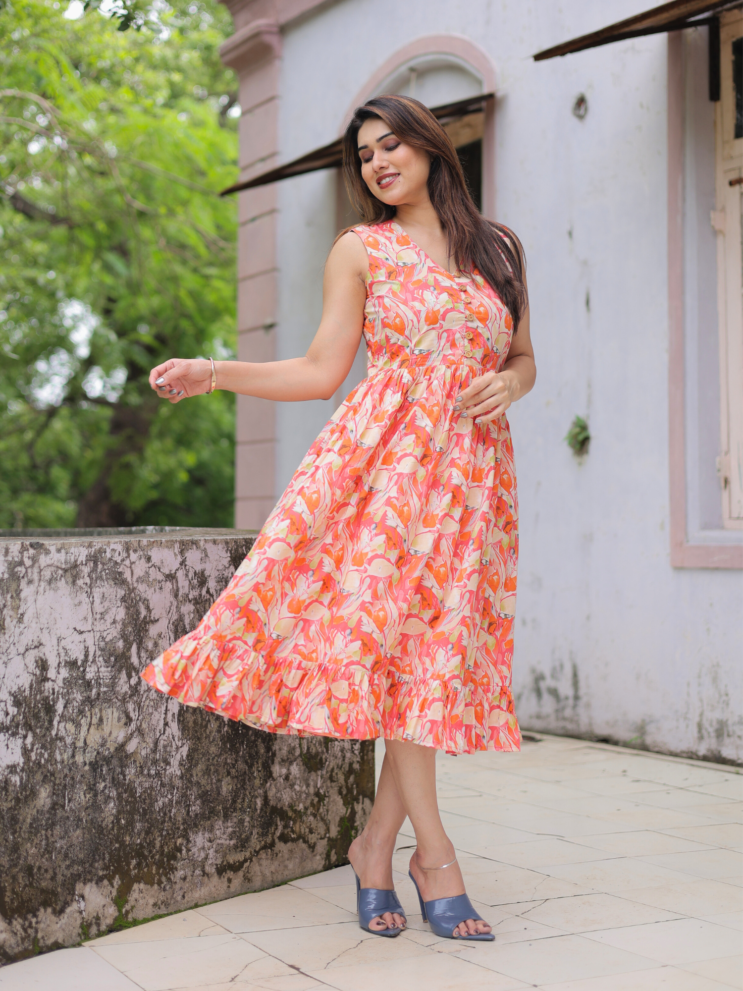 Orange bloom floral cotton dress