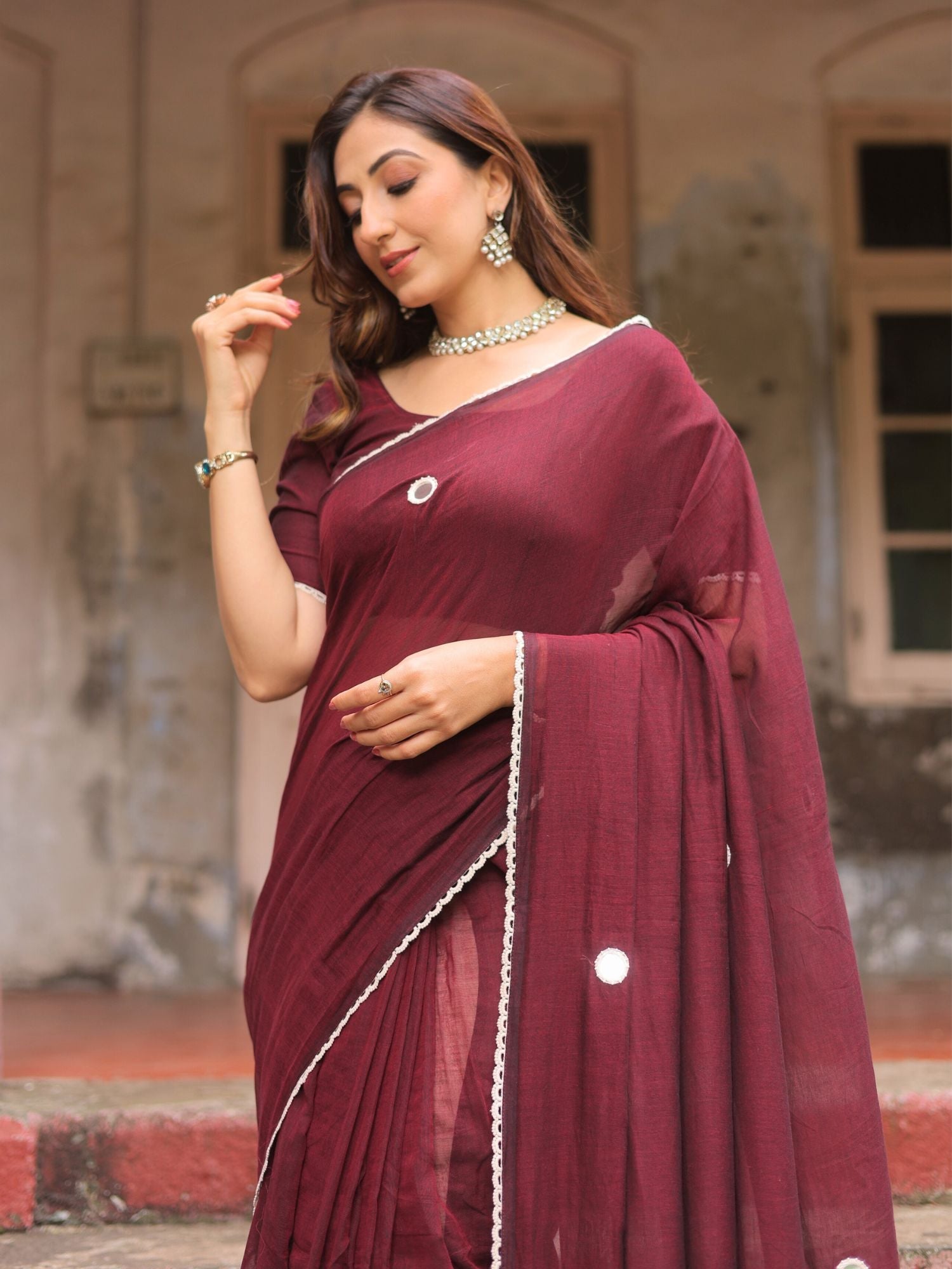 Bulbul- maroon crochet work cotton saree with blouse