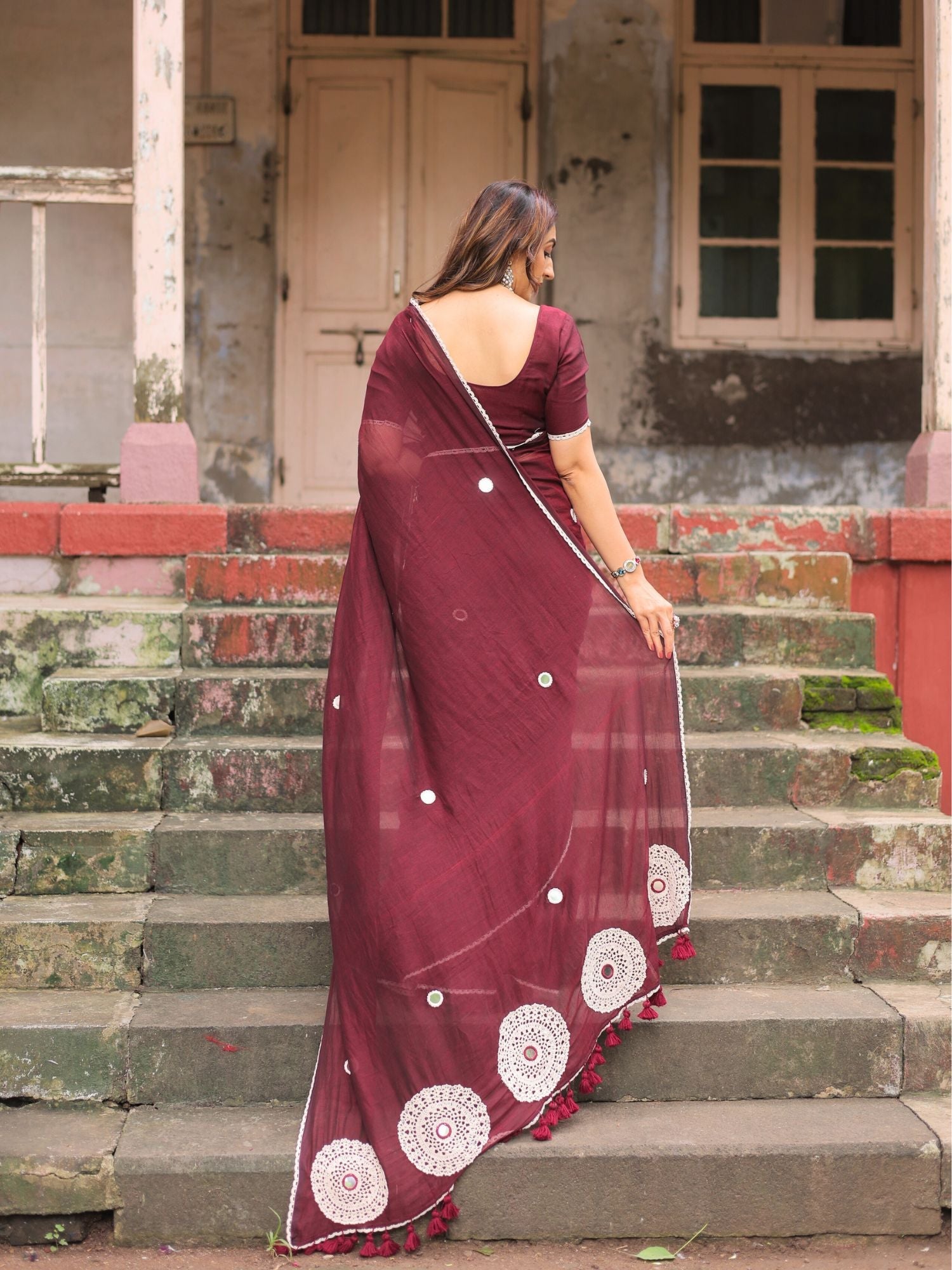 Bulbul- maroon crochet work cotton saree with blouse