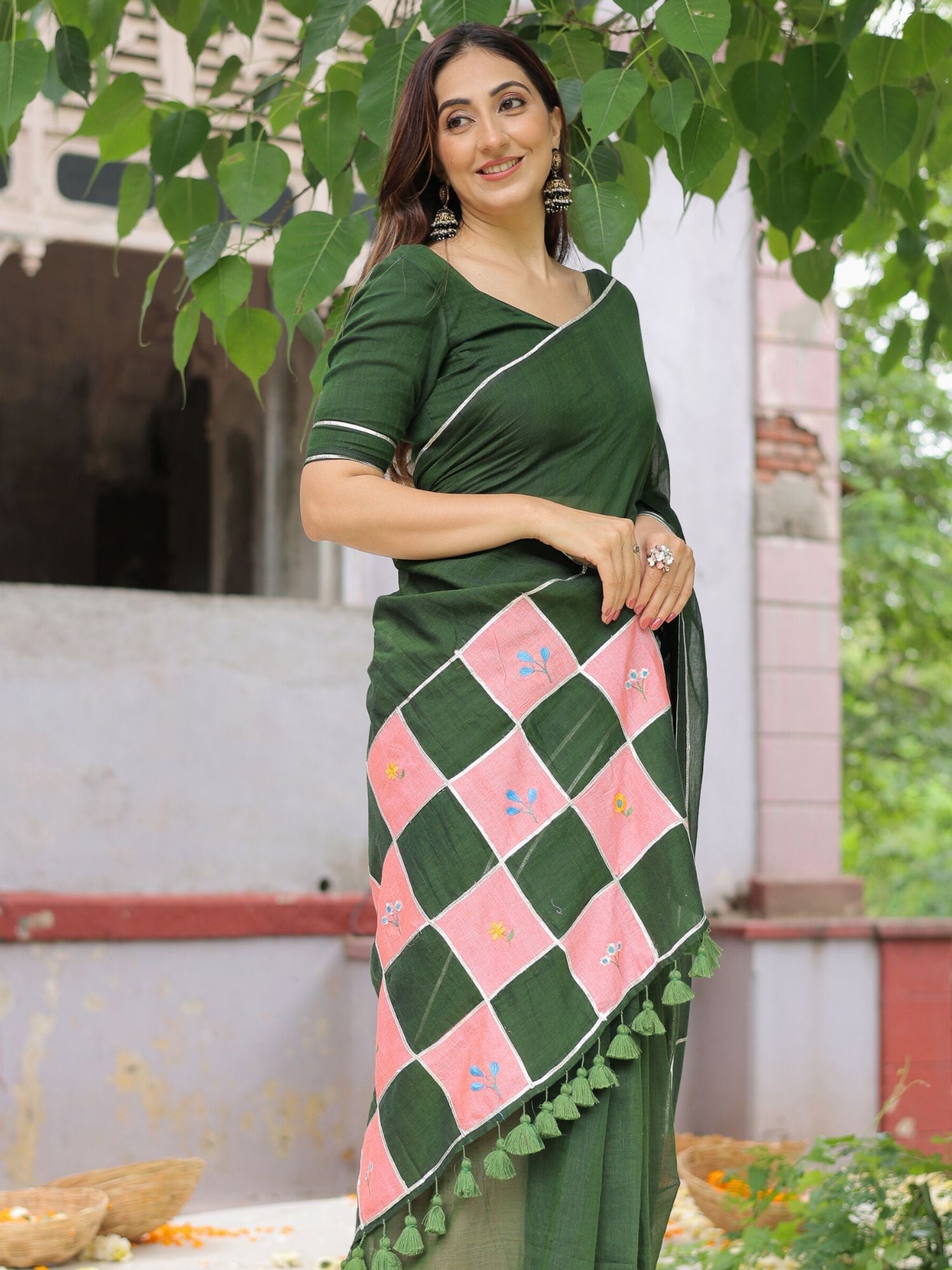 Sandesh- bottle green patchwork saree with blouse