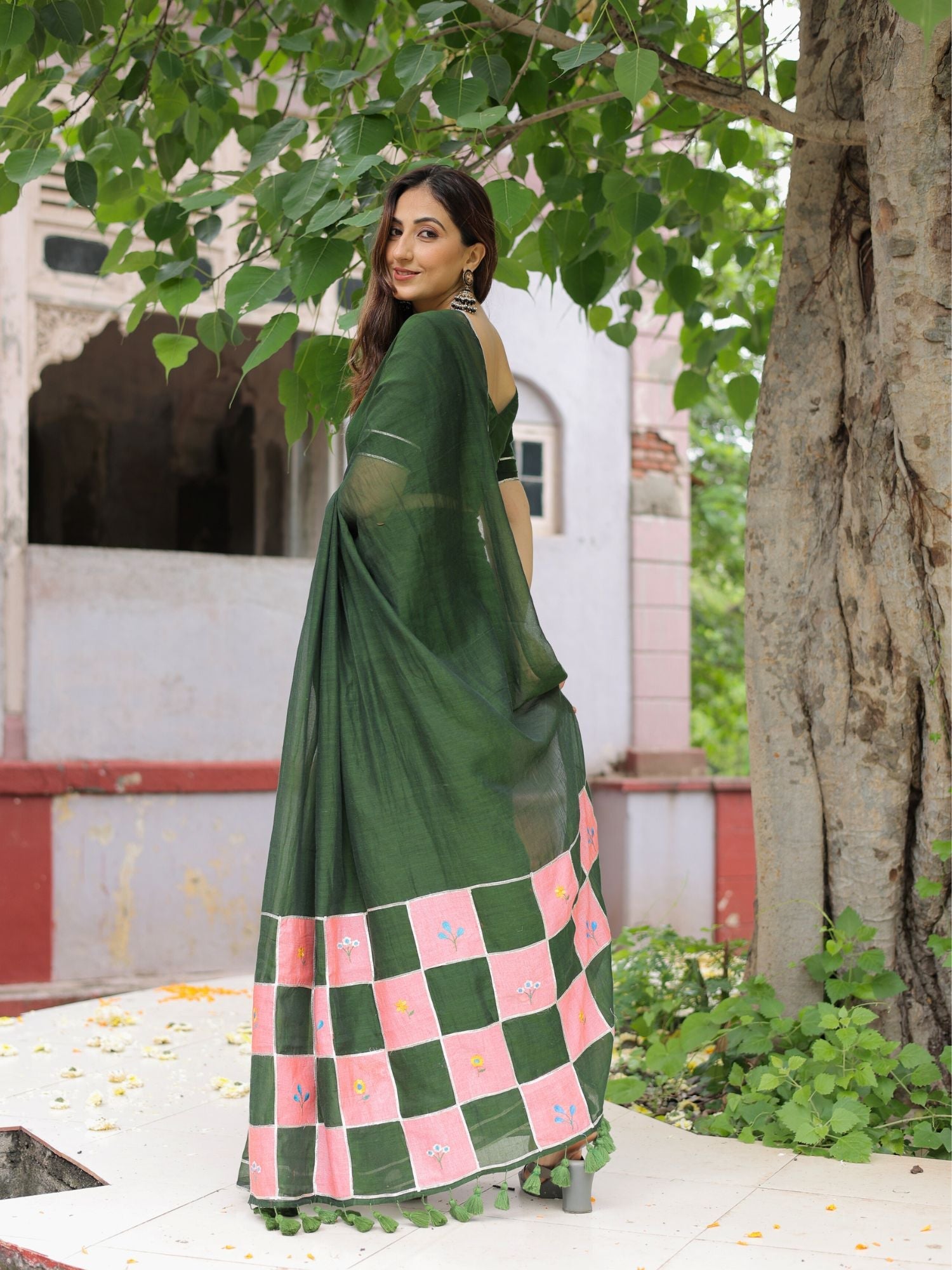Sandesh- bottle green patchwork saree with blouse