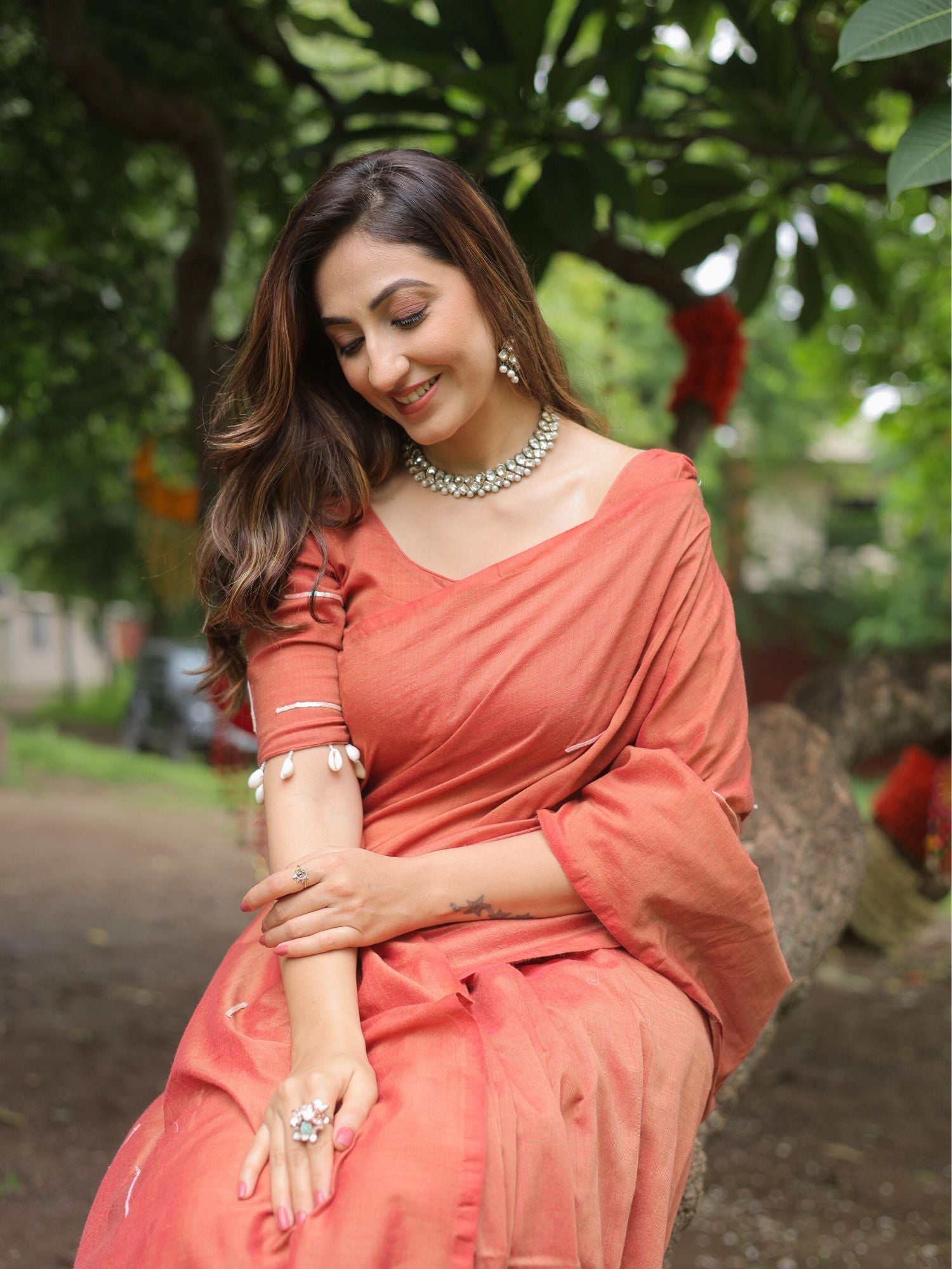 Saanjh- Rust Orange crochet applique saree with blouse