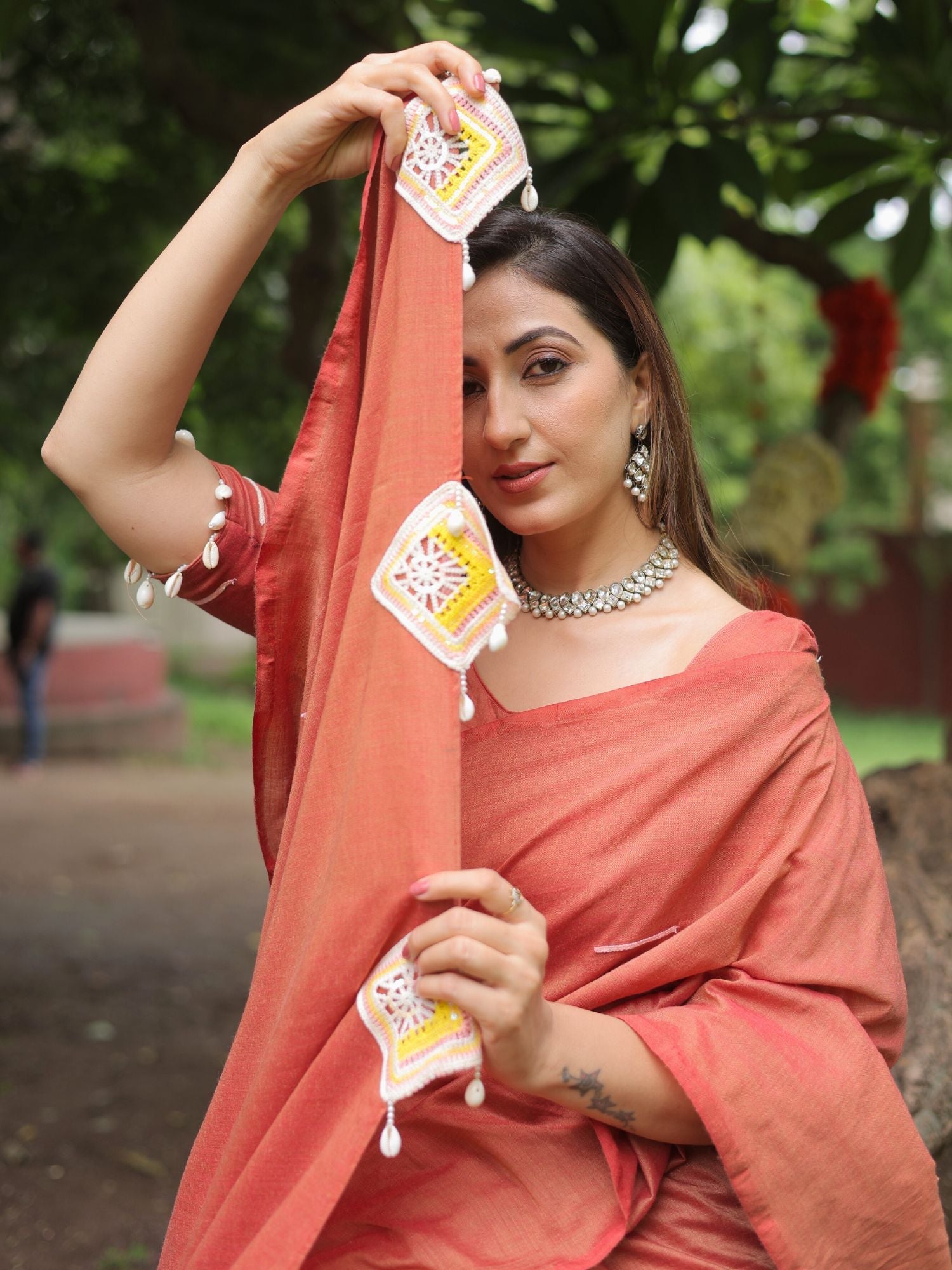 Saanjh- Rust Orange crochet applique saree with blouse