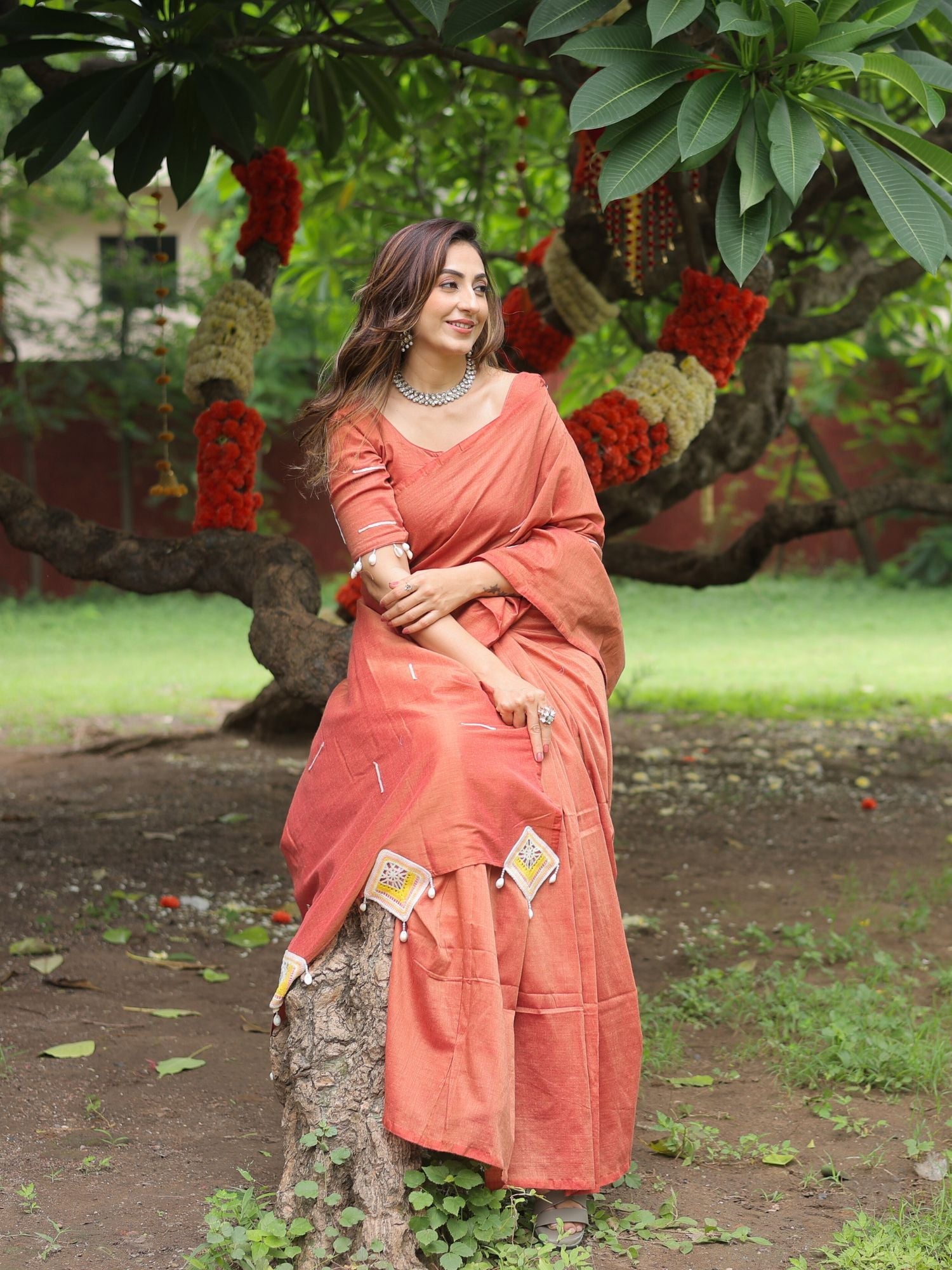 Saanjh- Rust Orange crochet applique saree with blouse