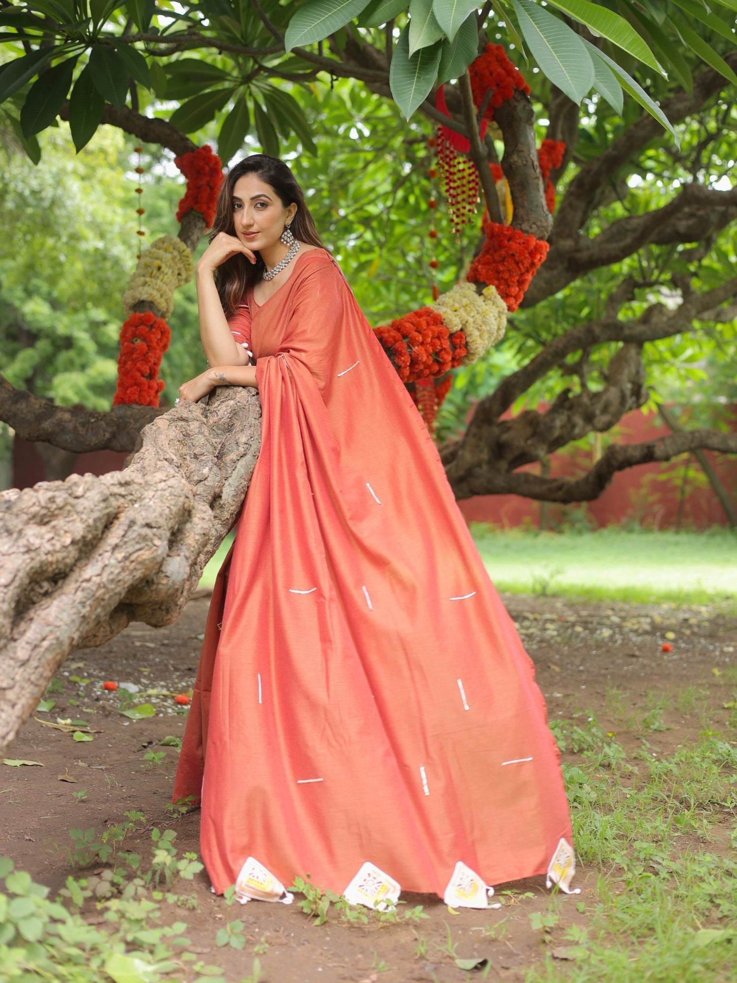 Saanjh- Rust Orange crochet applique saree with blouse