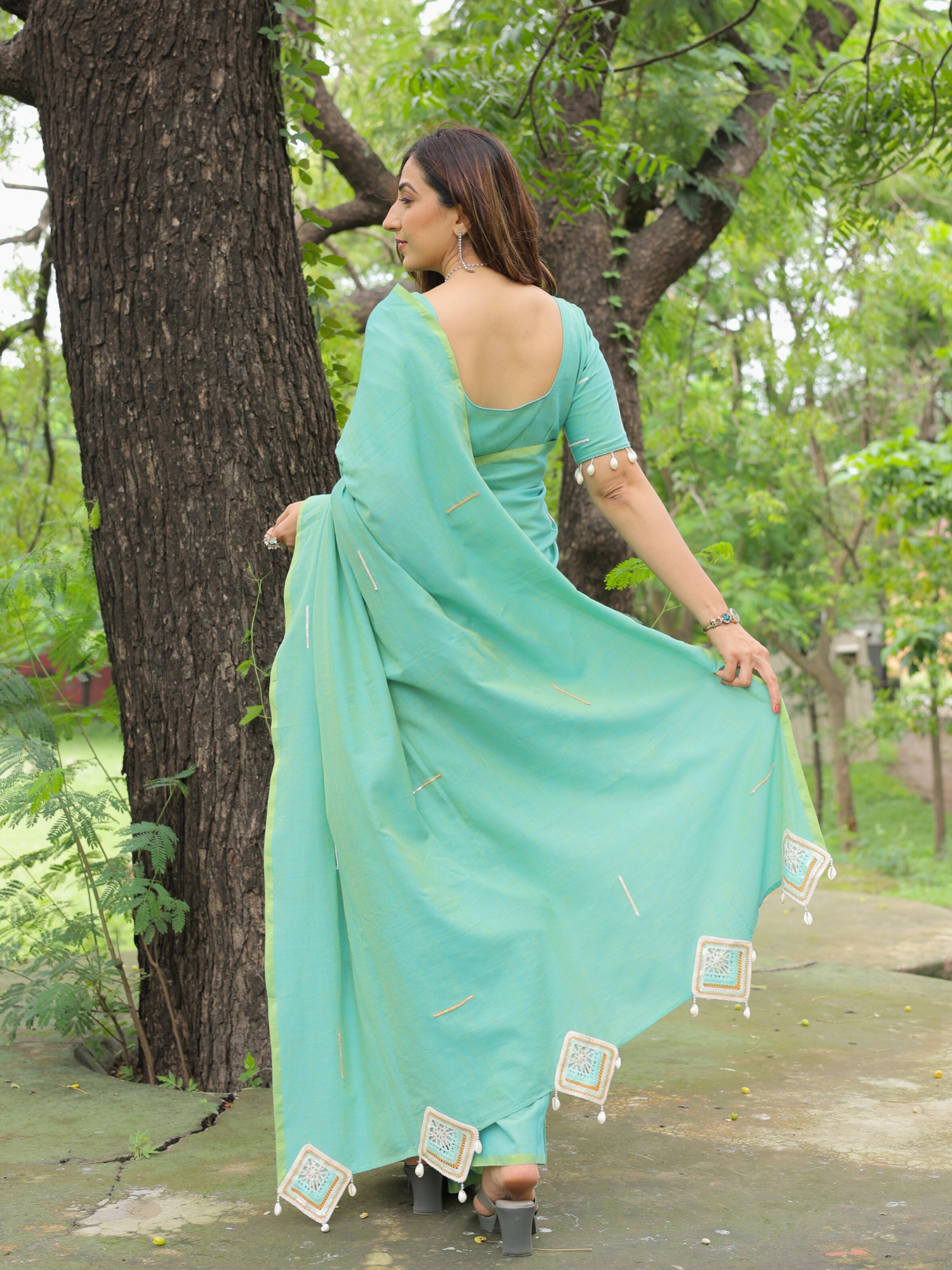 Saavan- Green crochet applique saree with blouse