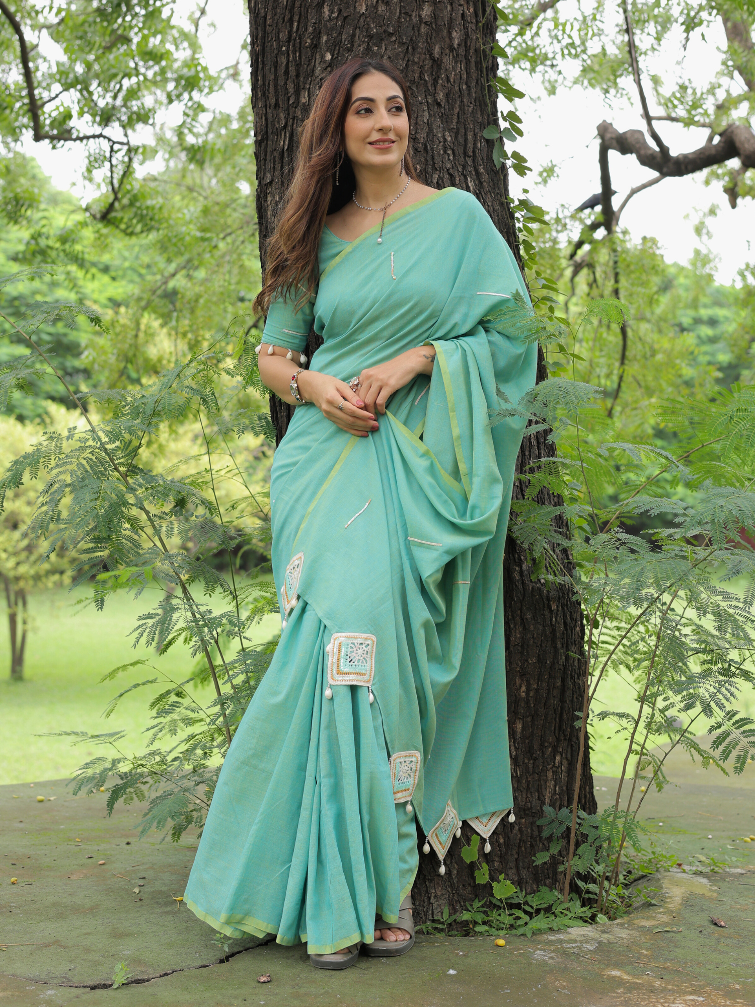 Saavan- Green crochet applique saree with blouse