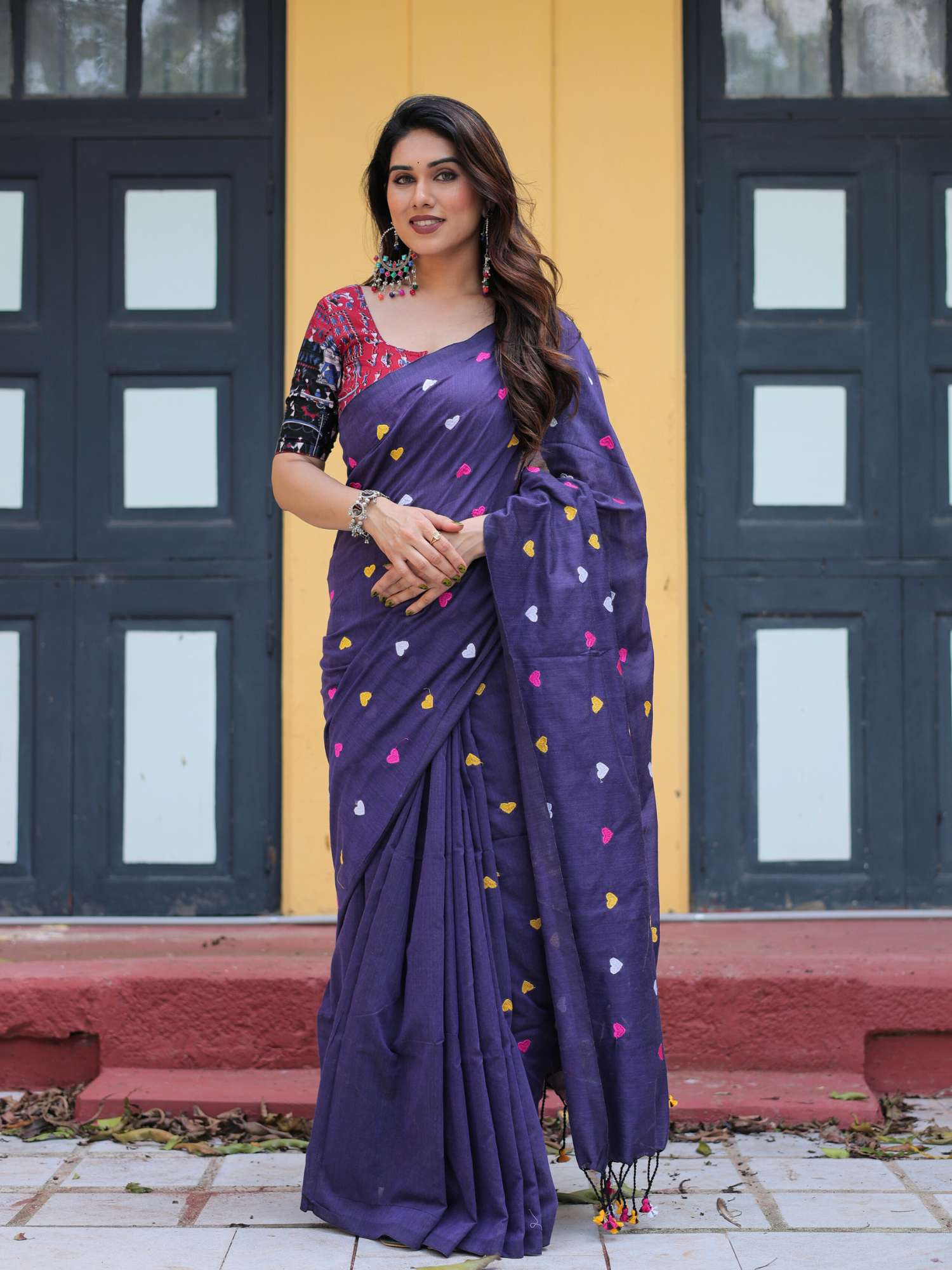 Pretty Purple Cotton Heart Embroidery Saree Printed Blouse - Devika