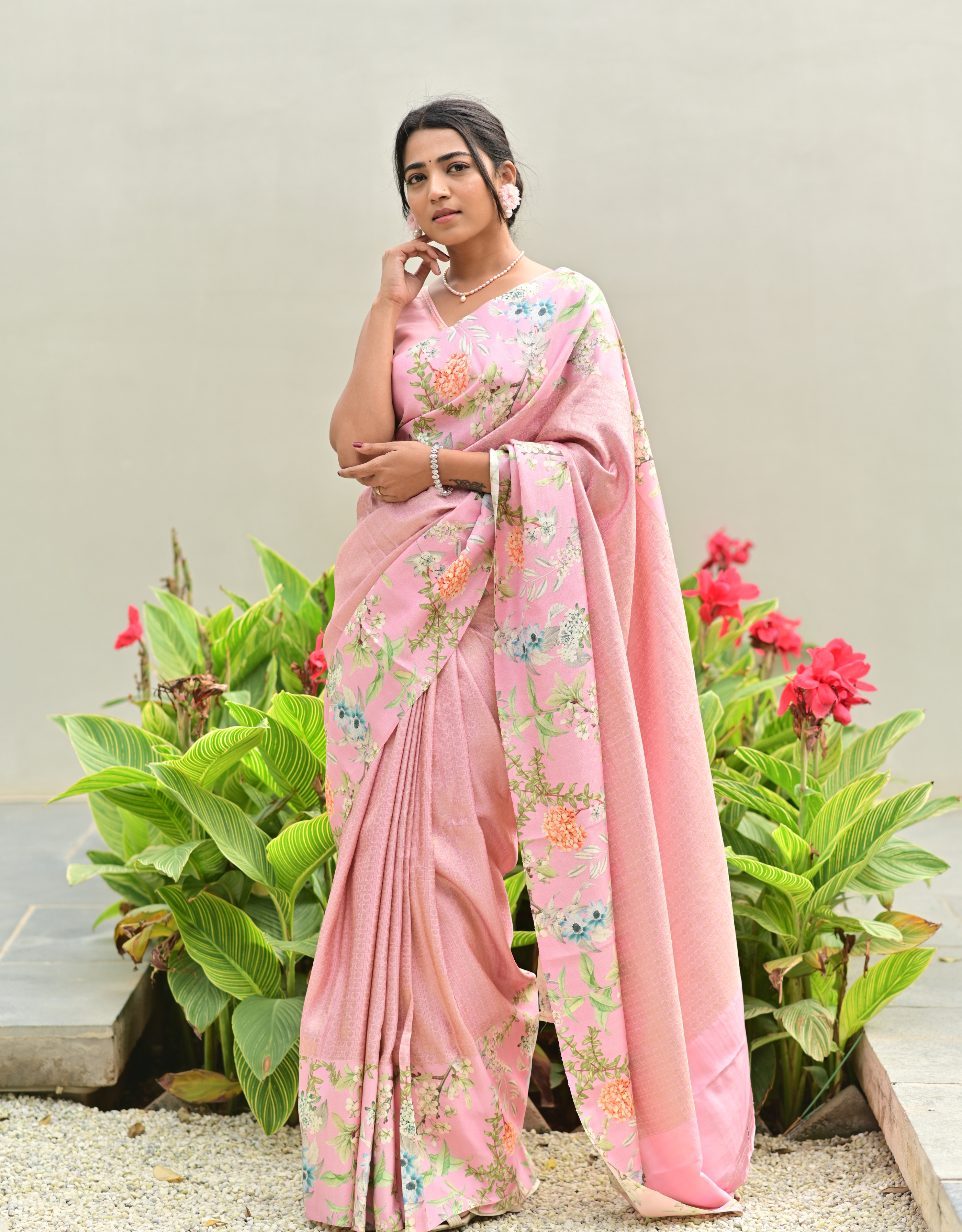 Powder Pink Kanchipattu Saree Meenakari Floral Digital Print Border