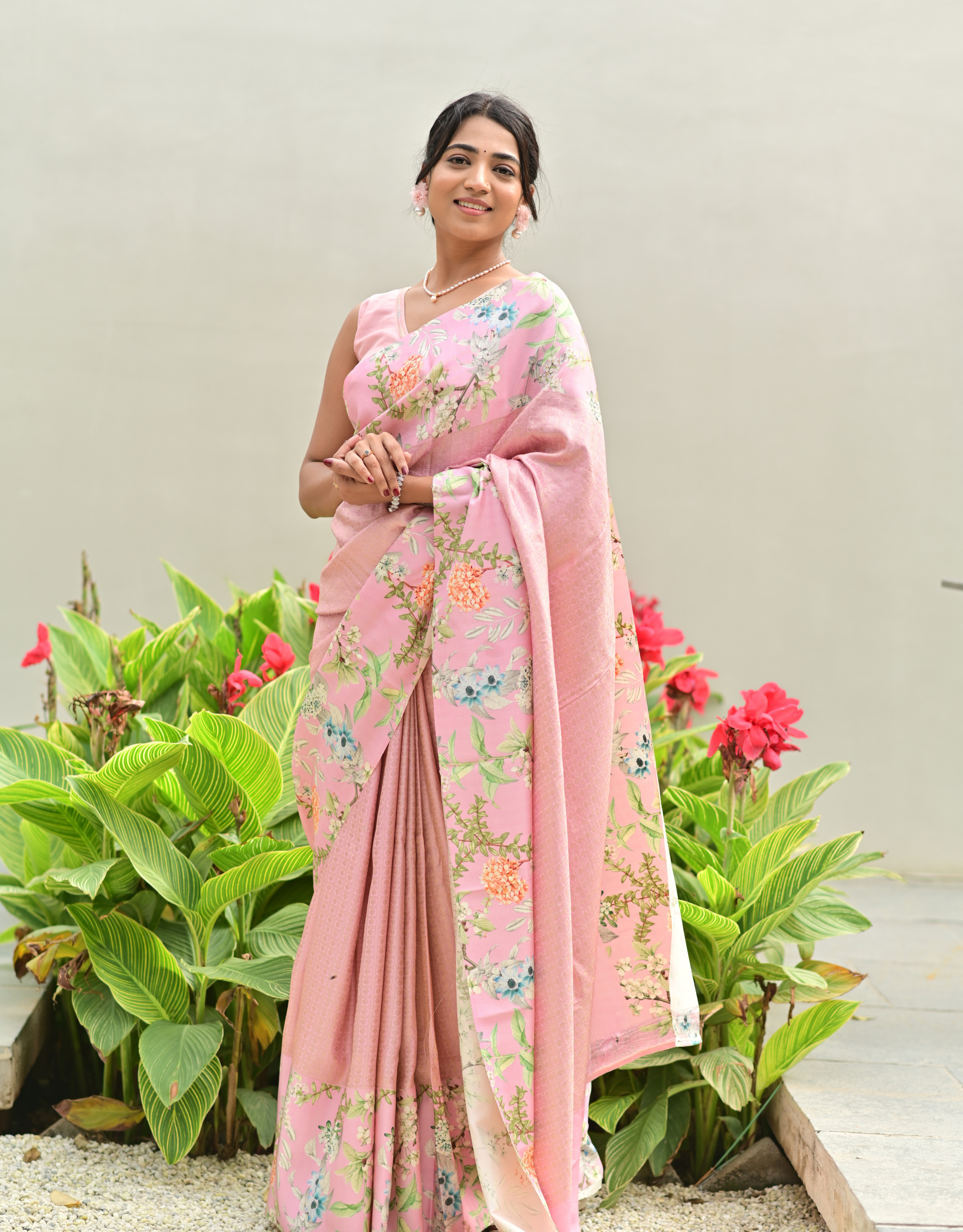 Powder Pink Kanchipattu Saree Meenakari Floral Digital Print Border