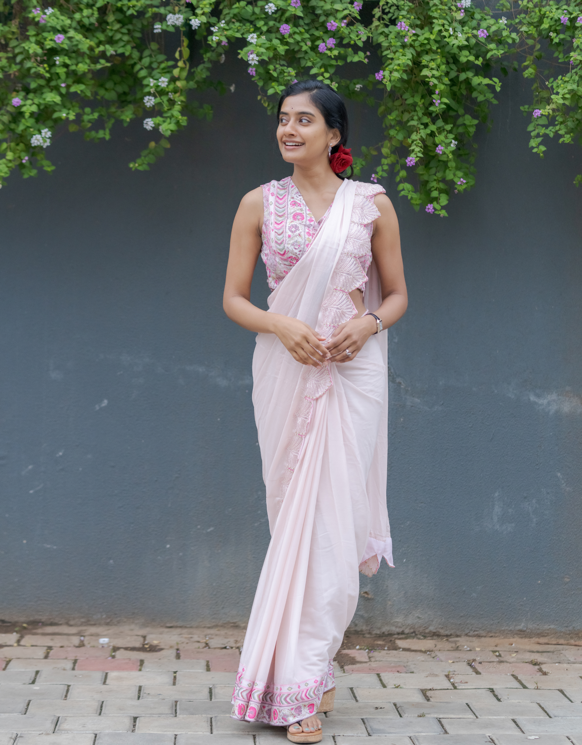 Blush Pink Georgette Saree Cutdana Scallop Border Printed Blouse