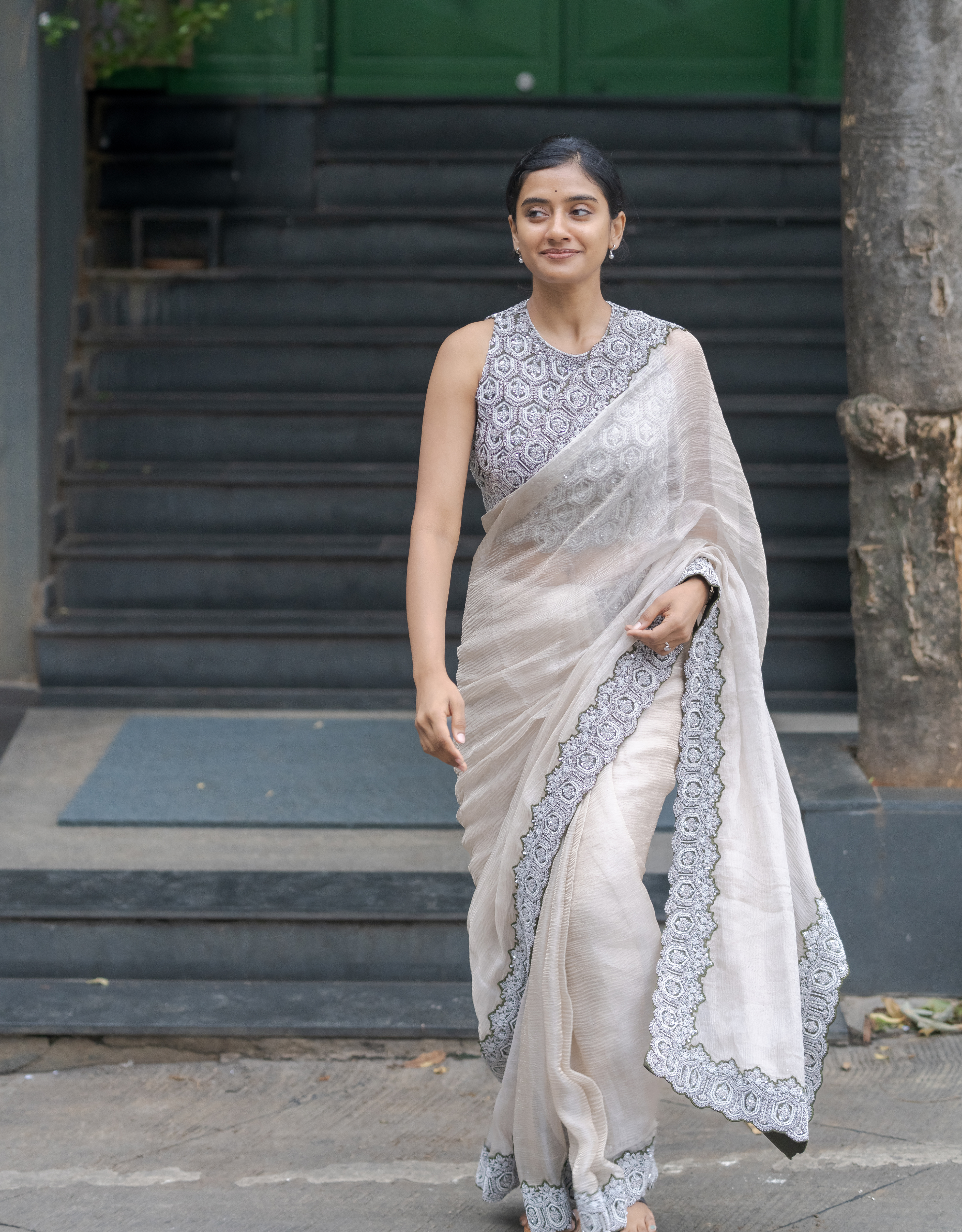 Cream Olive Green Crush Tissue Saree Zardosi Border Raw Silk Blouse