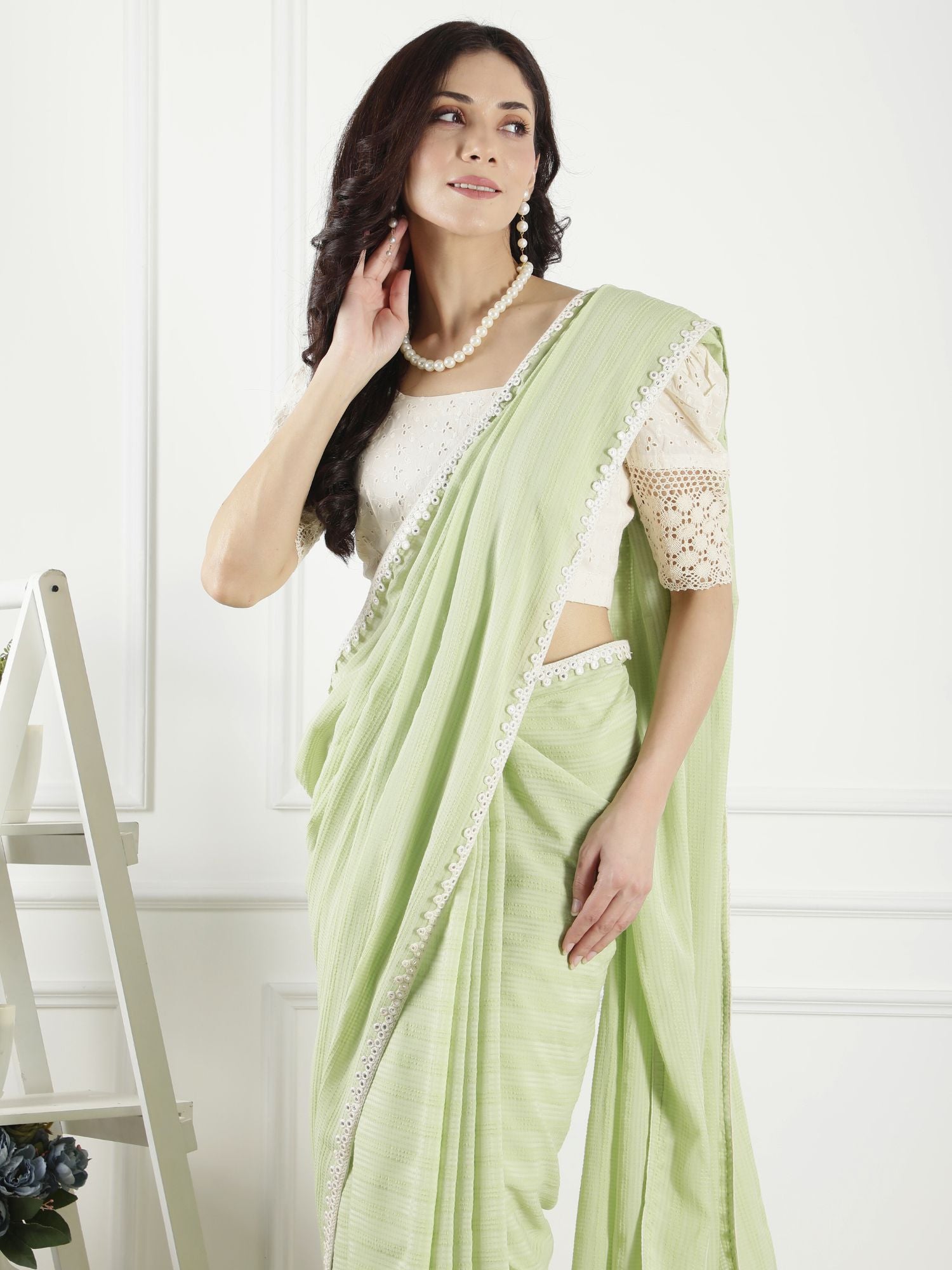 Elegant Pastel Green Cotton Viscose Mirror Work Saree Schiffli Blouse