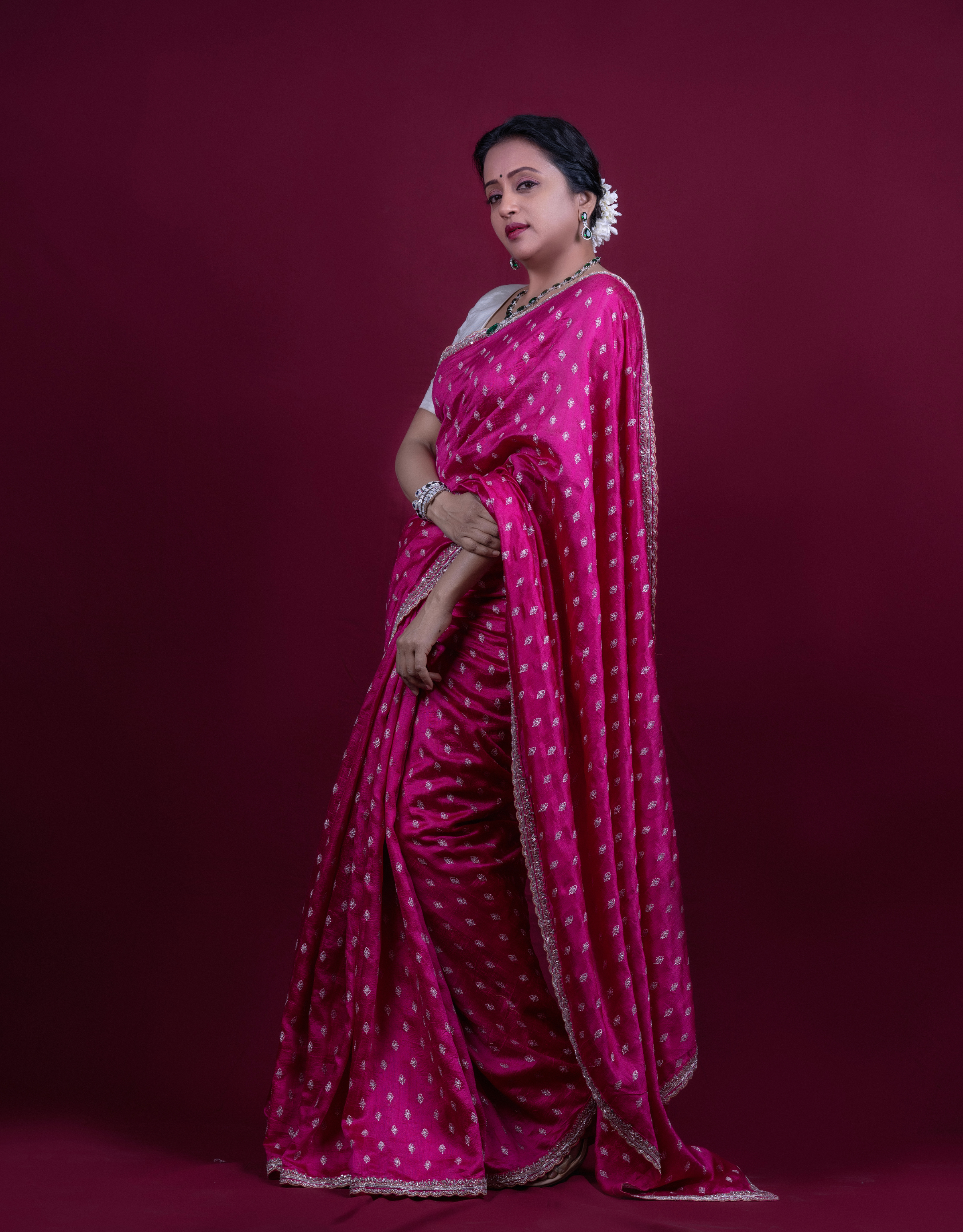 Hot Pink Raw Silk Saree Silver Zari Cutdana Zardosi Sequins