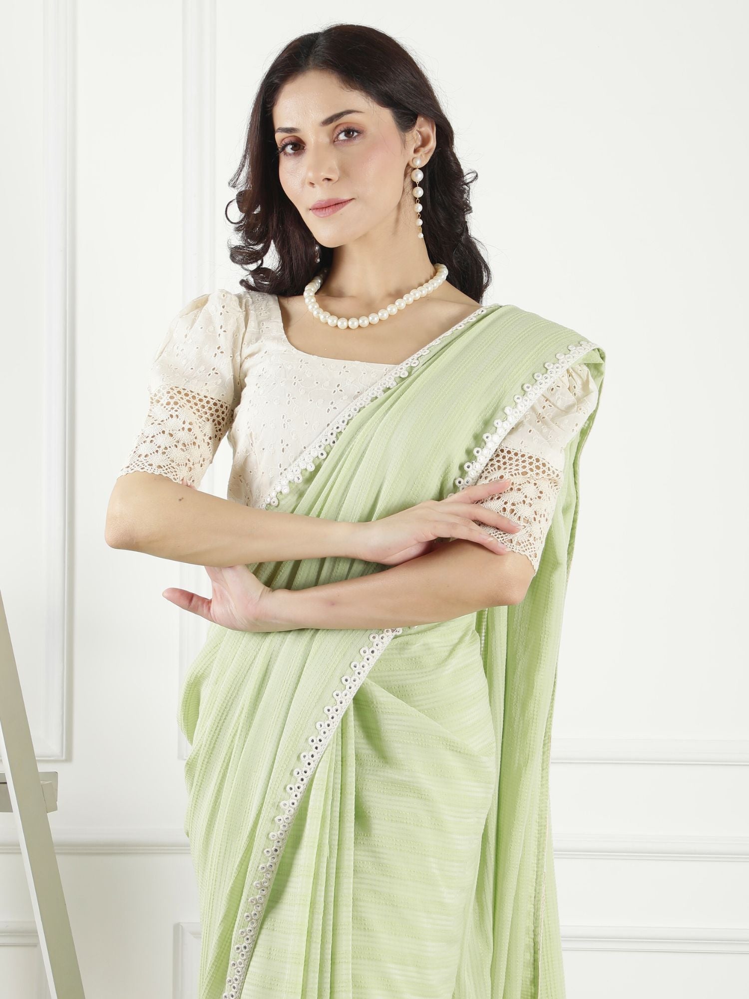 Elegant Pastel Green Cotton Viscose Mirror Work Saree Schiffli Blouse