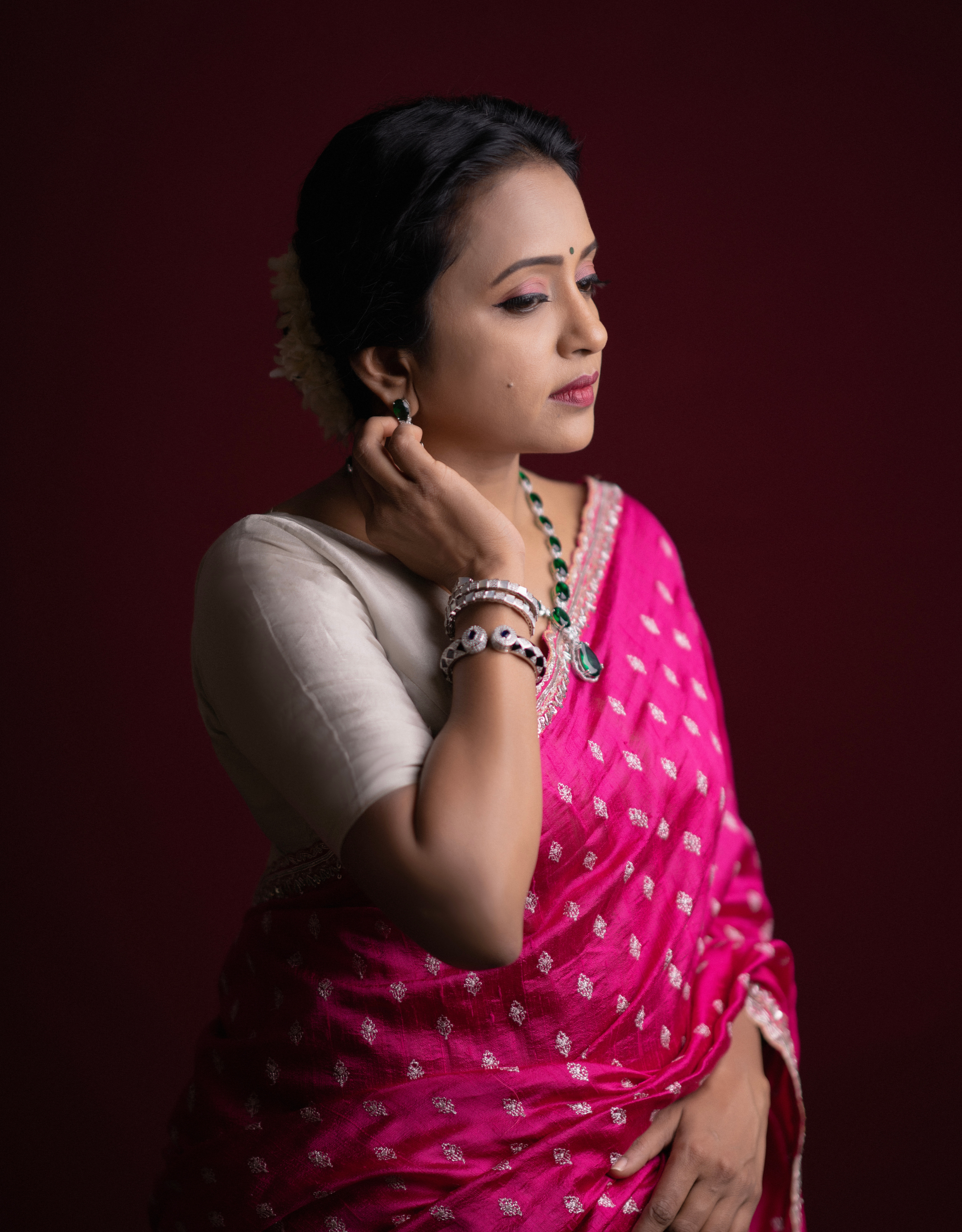 Hot Pink Raw Silk Saree Silver Zari Cutdana Zardosi Sequins