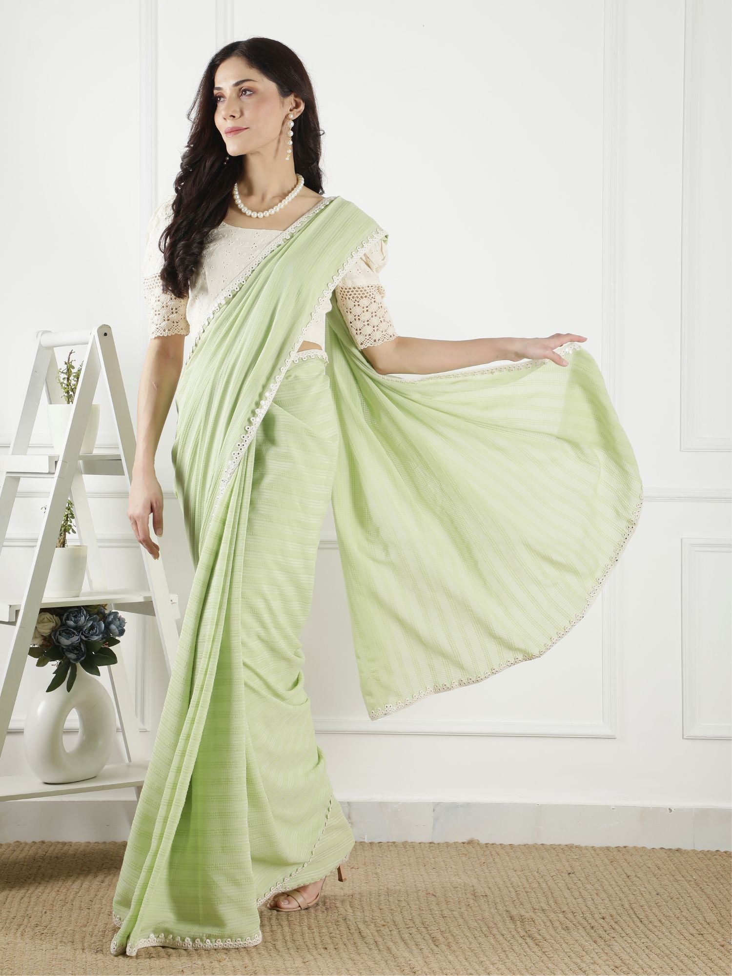 Elegant Pastel Green Cotton Viscose Mirror Work Saree Schiffli Blouse