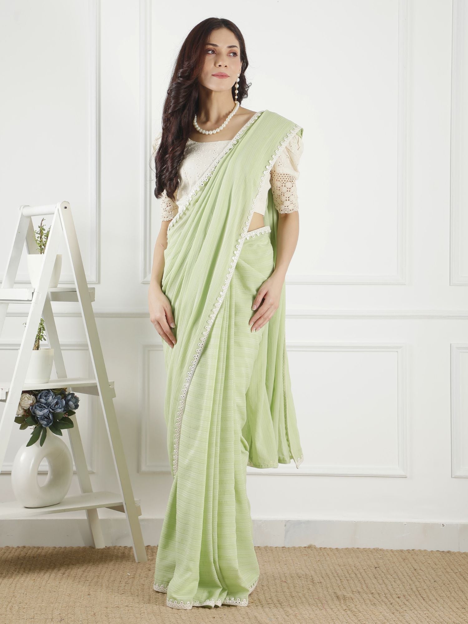 Elegant Pastel Green Cotton Viscose Mirror Work Saree Schiffli Blouse
