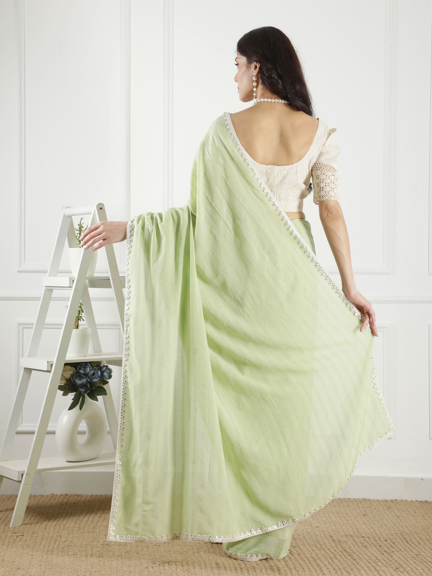 Elegant Pastel Green Cotton Viscose Mirror Work Saree Schiffli Blouse