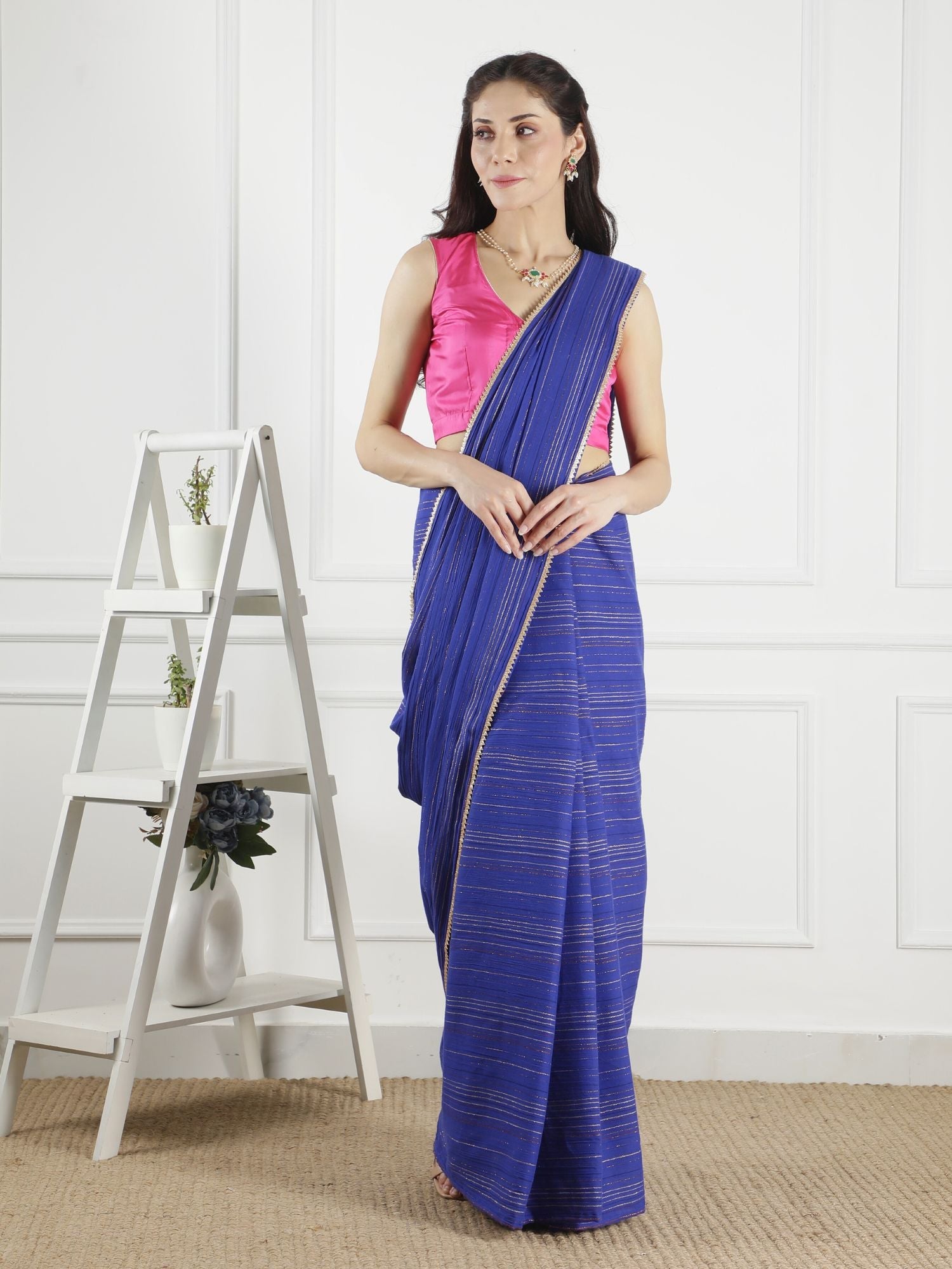 Playful Royal Blue Cotton Viscose Lurex Stripe Saree - Meghna