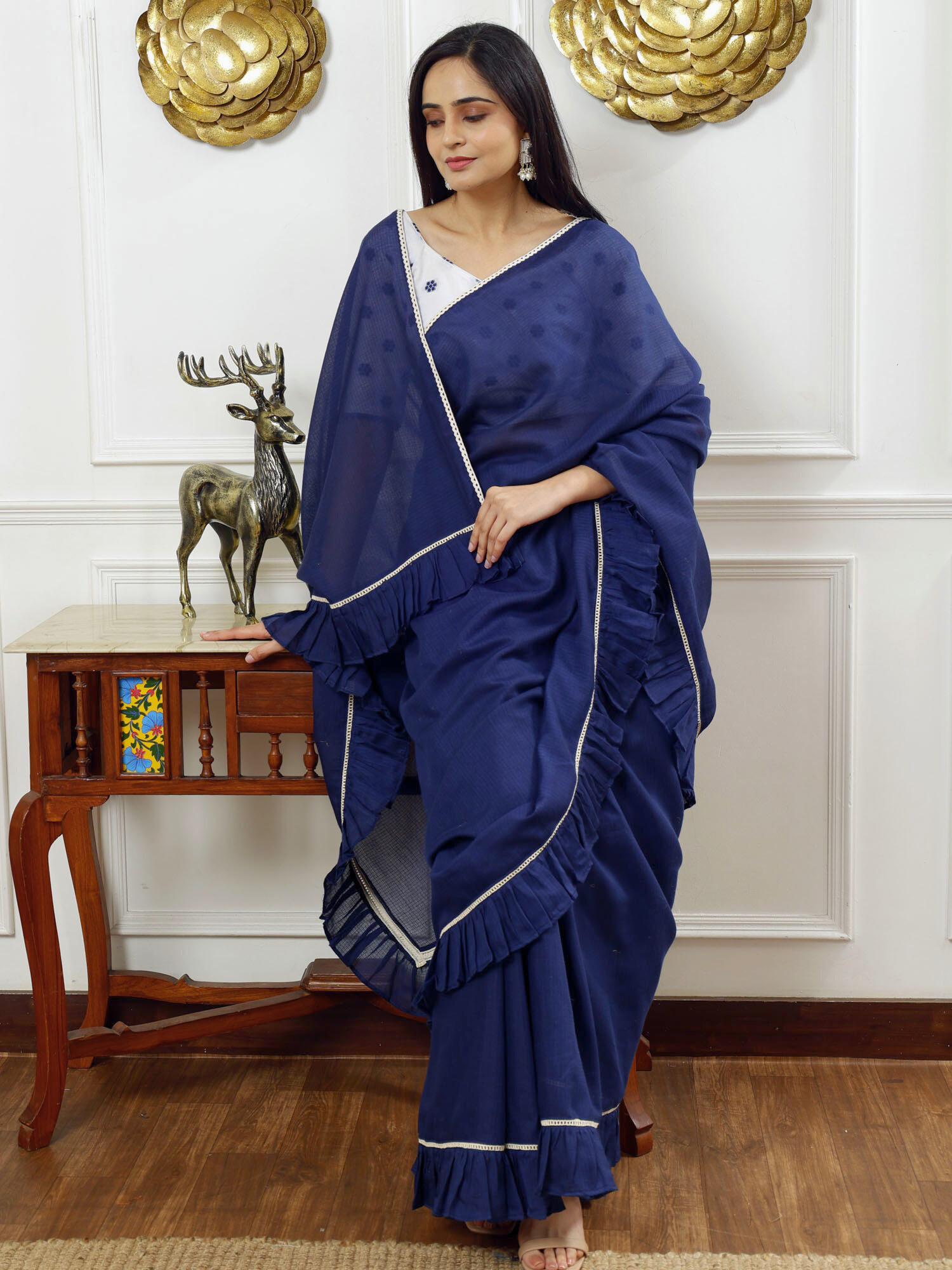 Stylish Navy Blue Kota Cotton Check Ruffle Saree - Himadri