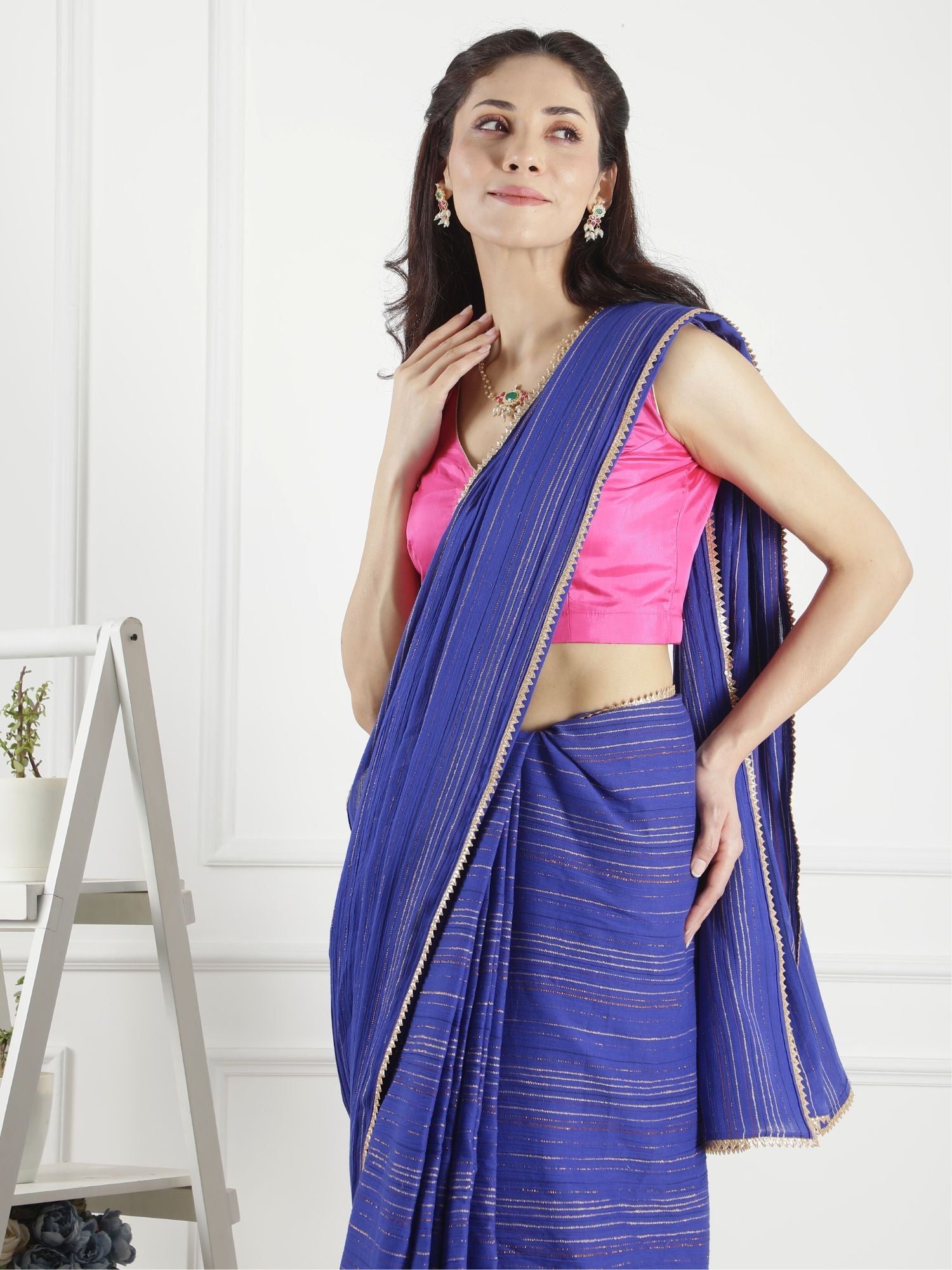 Playful Royal Blue Cotton Viscose Lurex Stripe Saree - Meghna