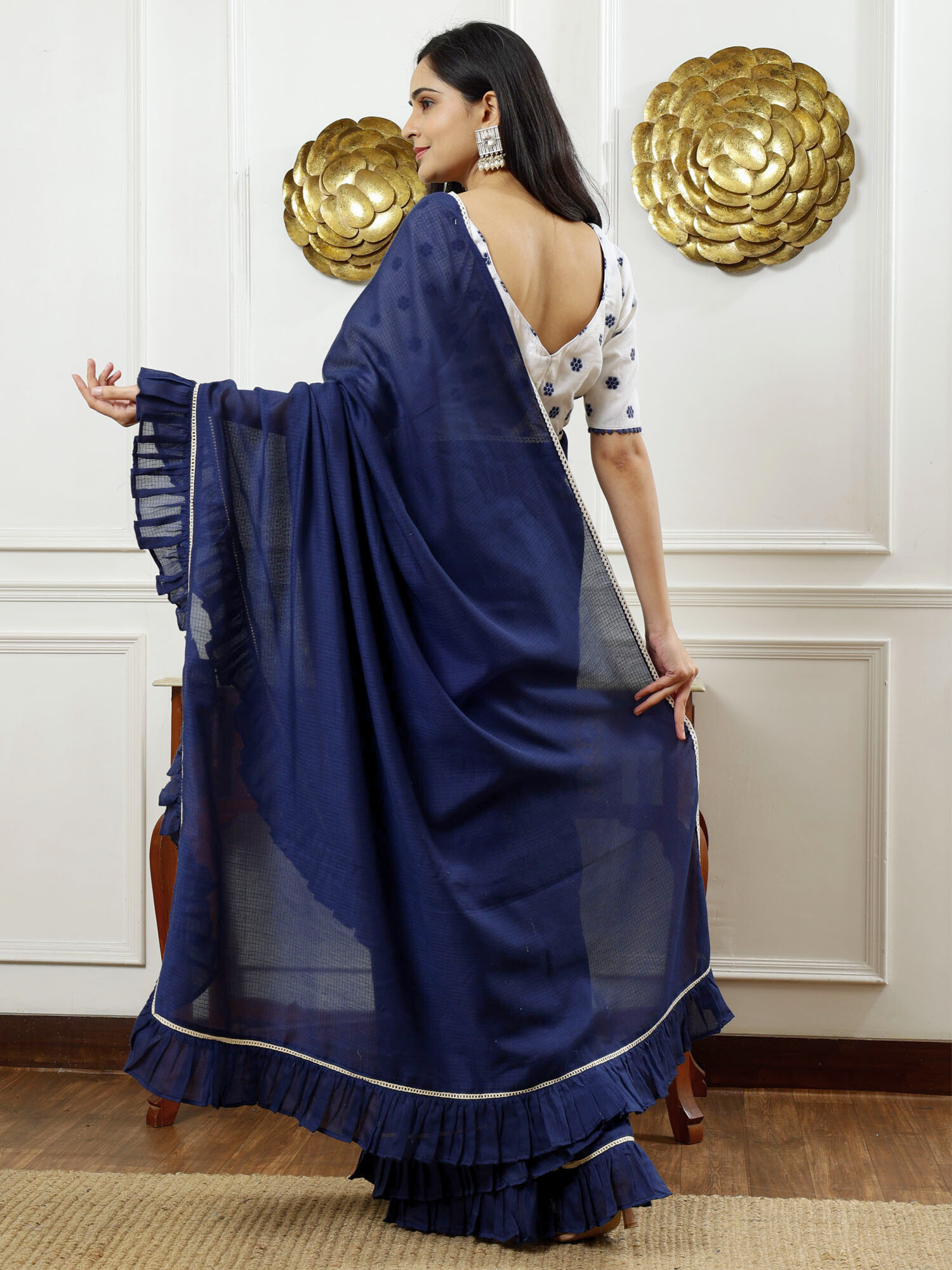 Stylish Navy Blue Kota Cotton Check Ruffle Saree - Himadri
