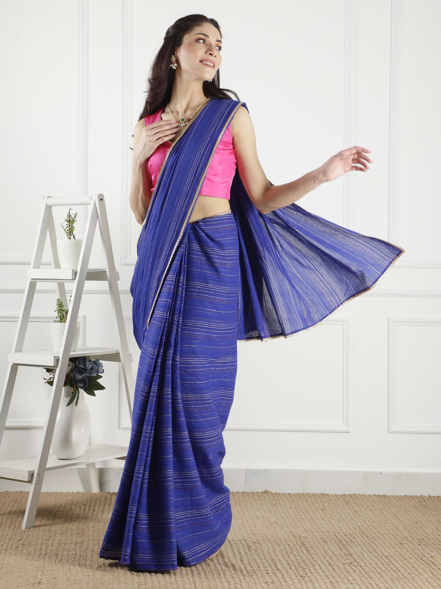 Playful Royal Blue Cotton Viscose Lurex Stripe Saree - Meghna