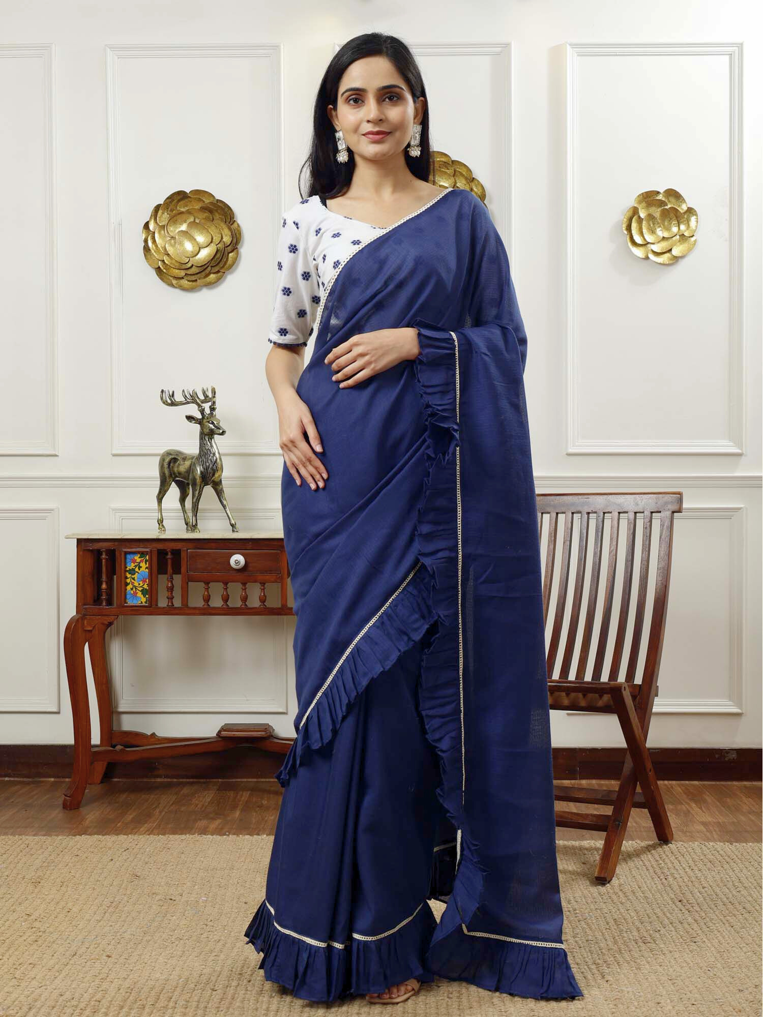 Stylish Navy Blue Kota Cotton Check Ruffle Saree - Himadri