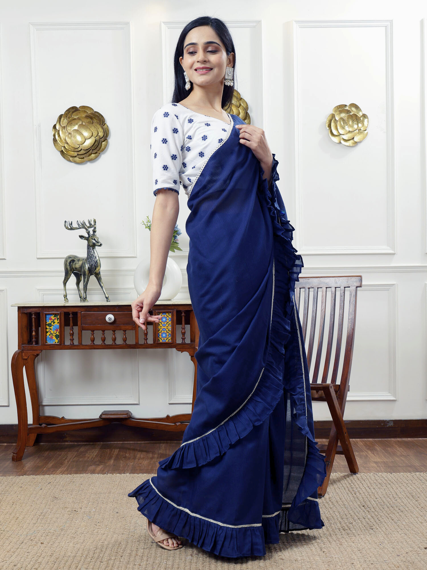 Stylish Navy Blue Kota Cotton Check Ruffle Saree - Himadri