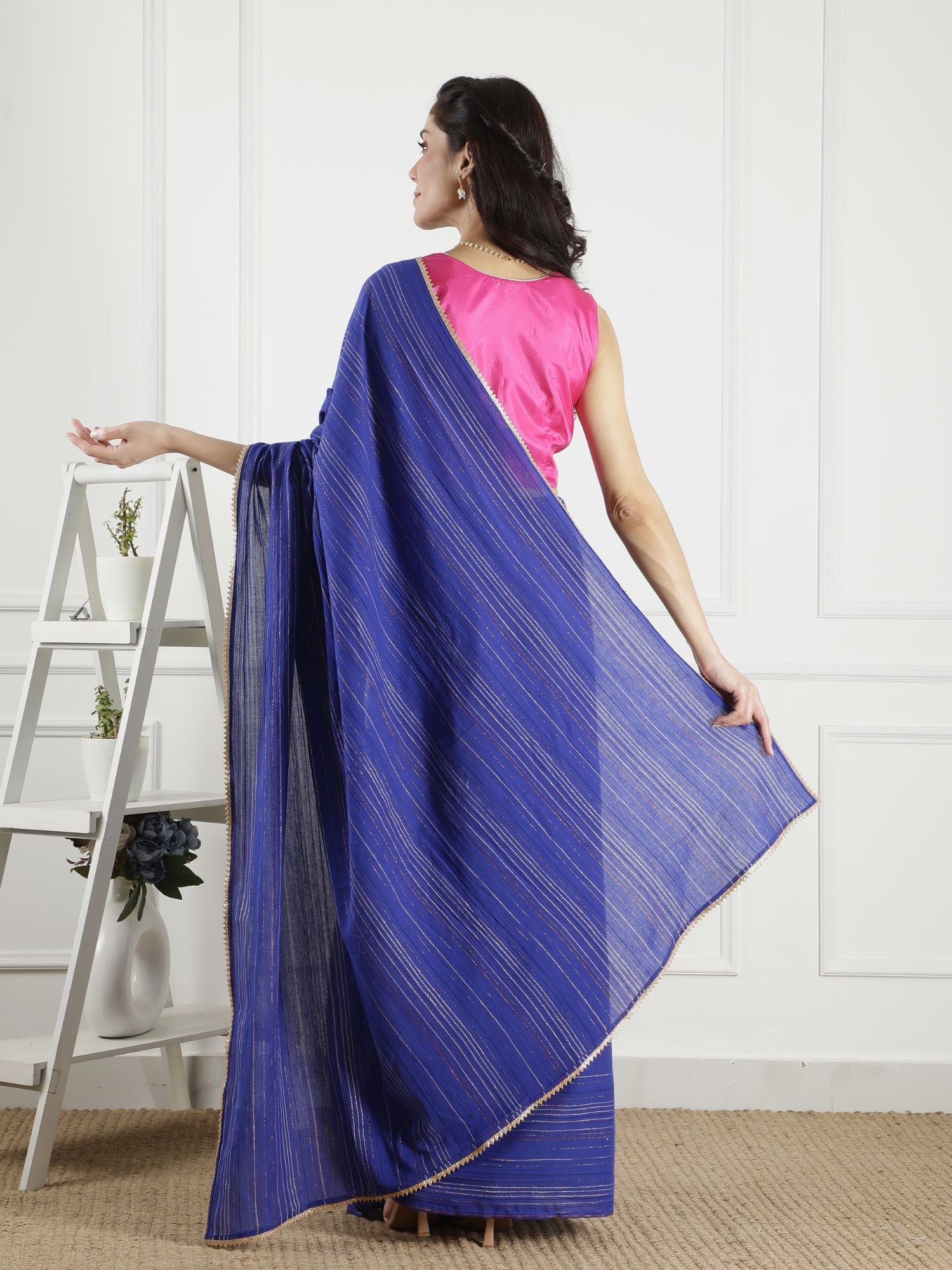 Playful Royal Blue Cotton Viscose Lurex Stripe Saree - Meghna