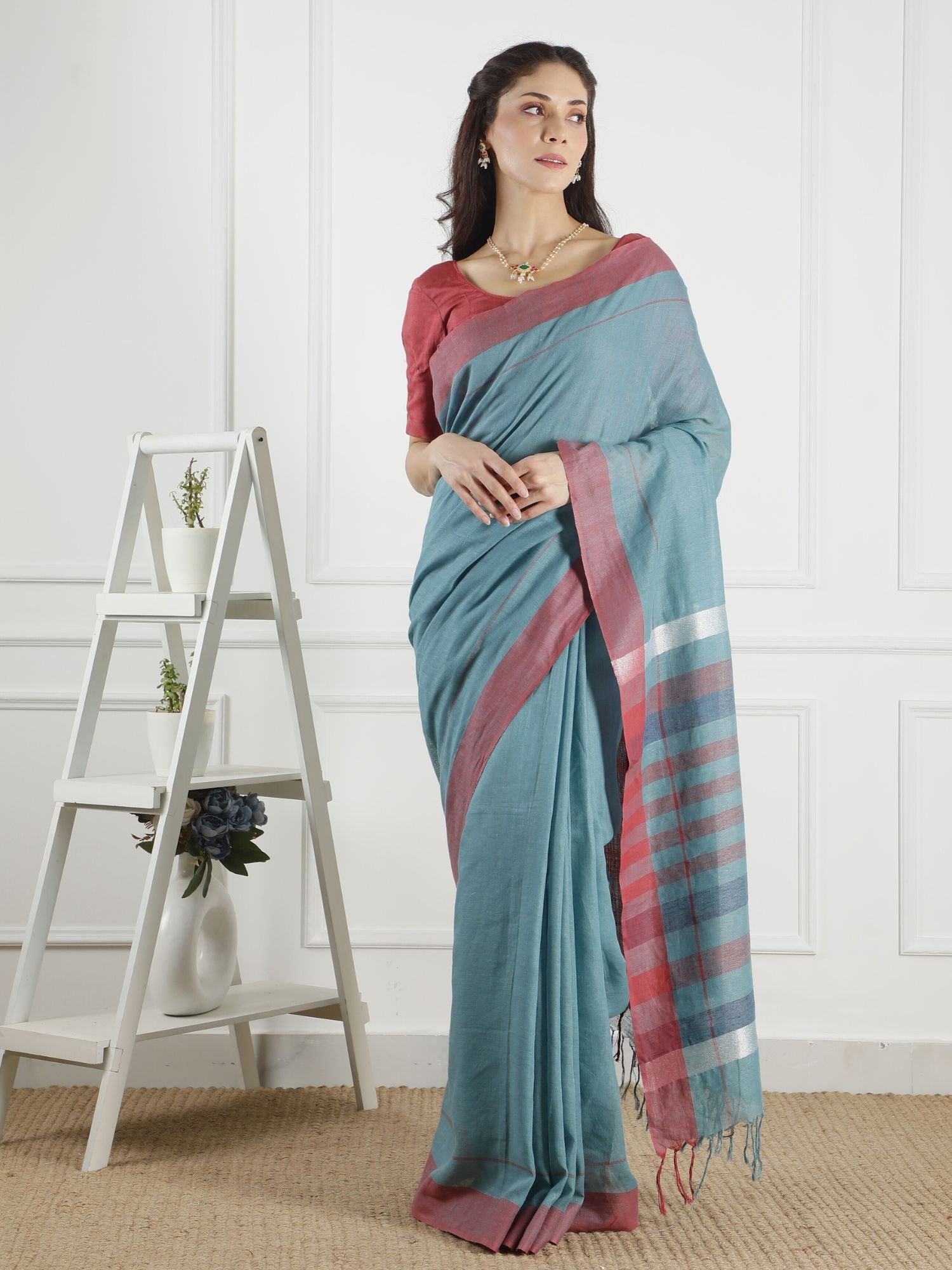 Summer Sea Green Red Linen Cotton Texture Saree - Esha