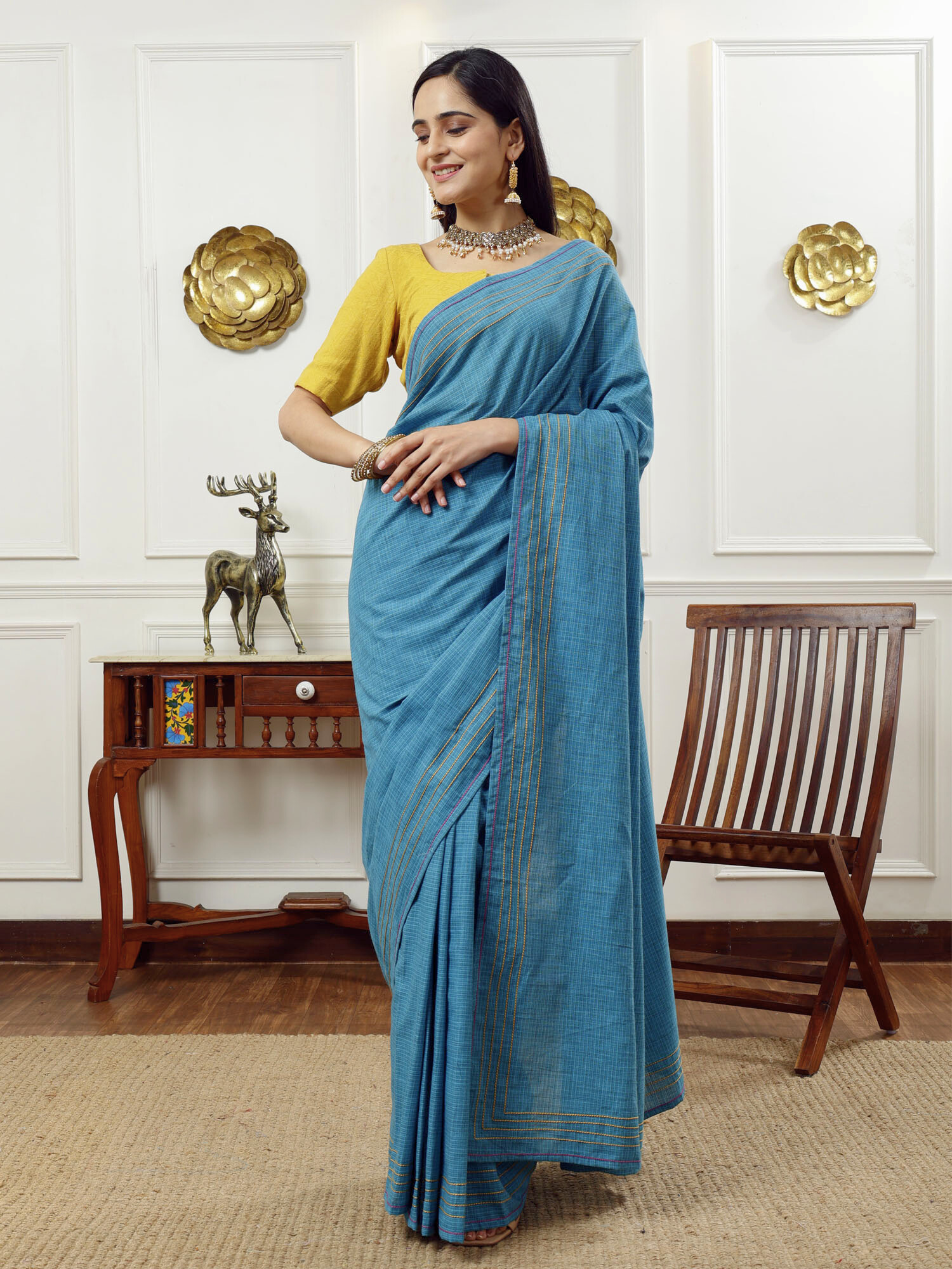 Unique Teal Blue Cotton Check Saree Anchor Thread Border
