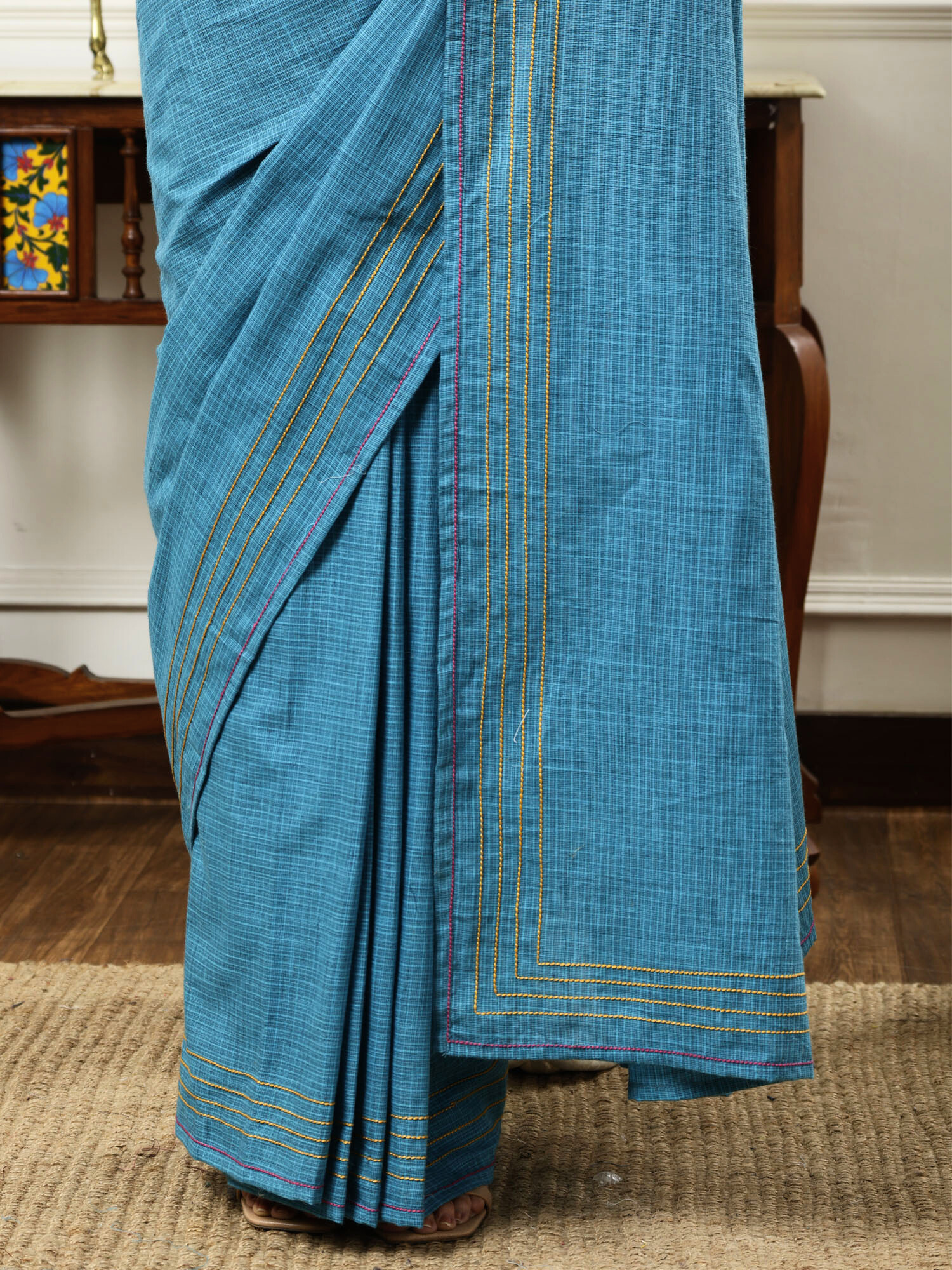 Unique Teal Blue Cotton Check Saree Anchor Thread Border