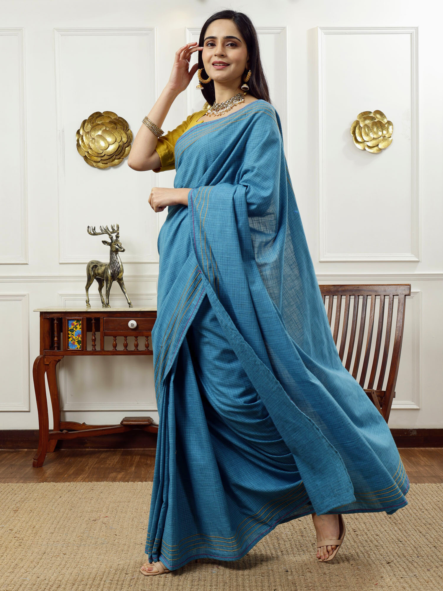 Unique Teal Blue Cotton Check Saree Anchor Thread Border