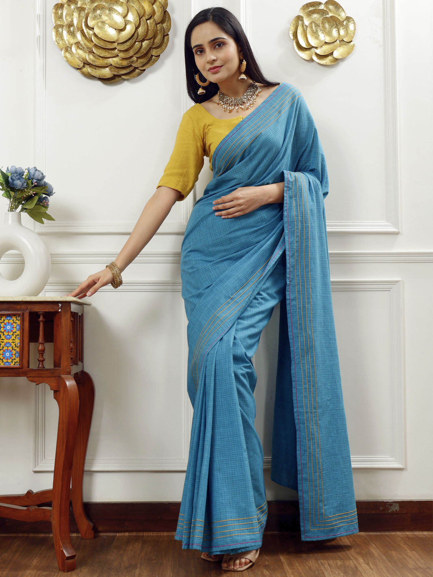 Unique Teal Blue Cotton Check Saree Anchor Thread Border