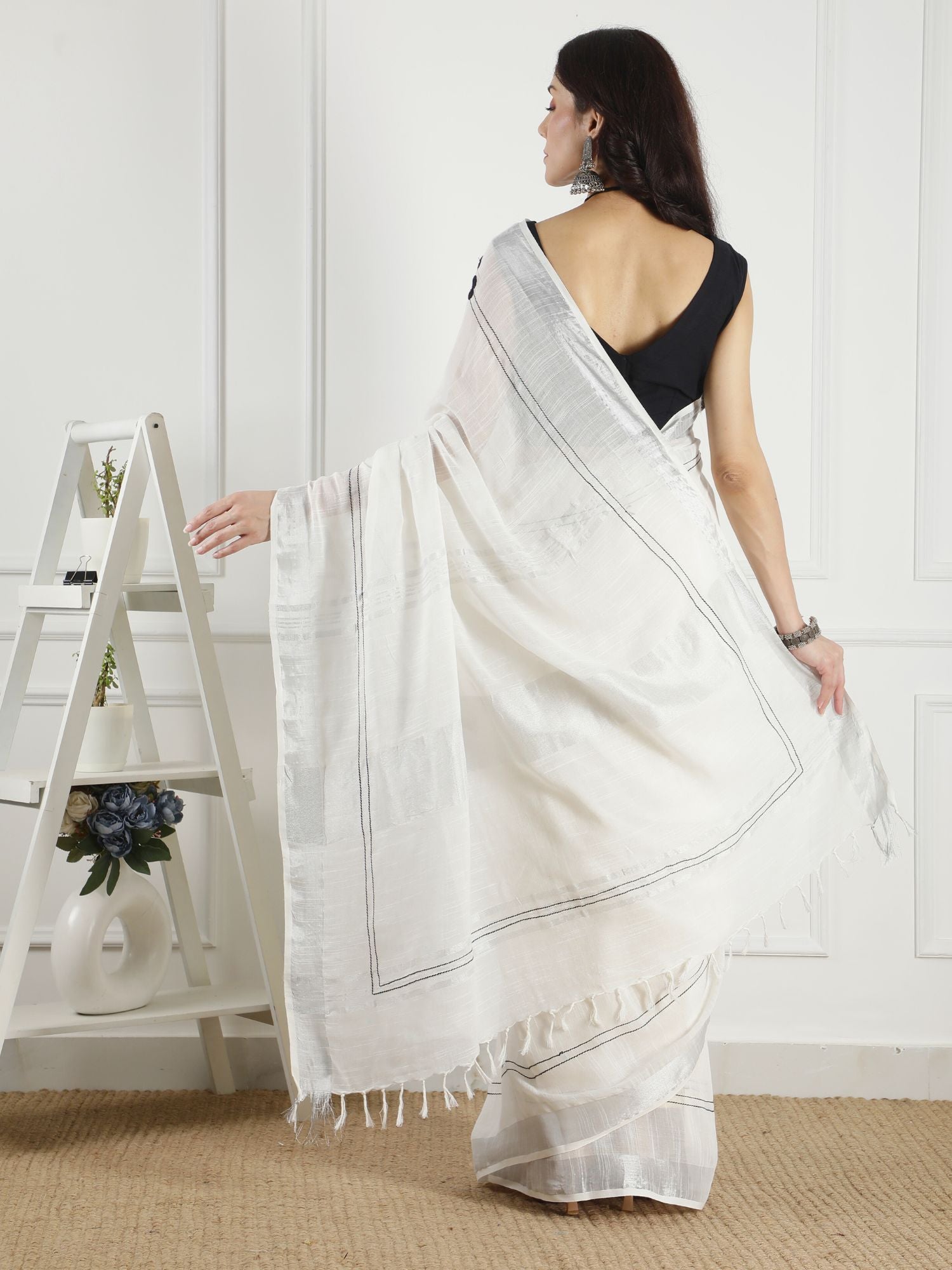 Classic Black White Cotton Hand Embroidered Saree - Audrey