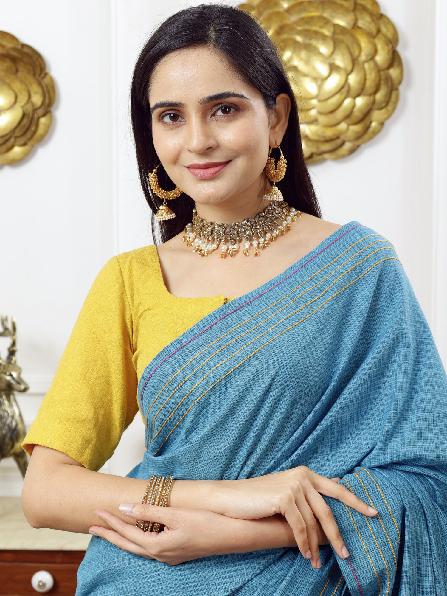 Unique Teal Blue Cotton Check Saree Anchor Thread Border