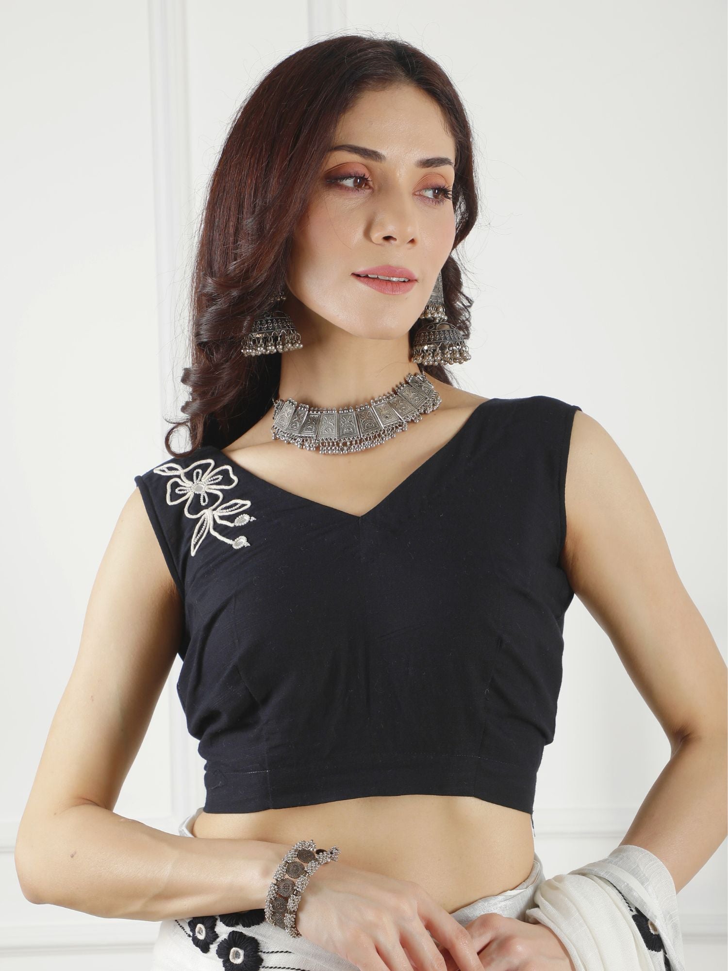 Classic Black White Cotton Hand Embroidered Saree - Audrey