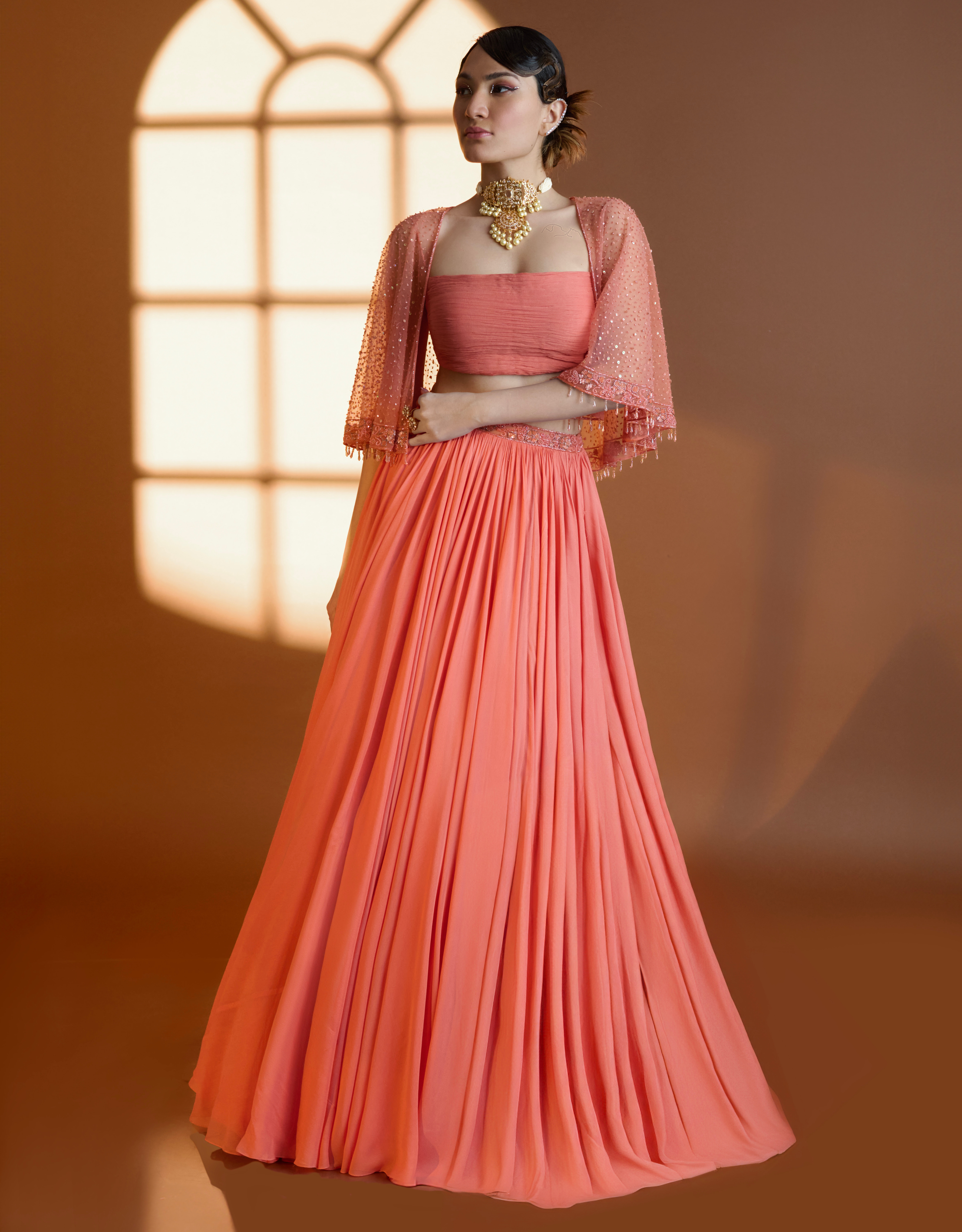 Ethereal Ivory Apricot Georgette Cape Lehenga Ensemble Gold Speckles