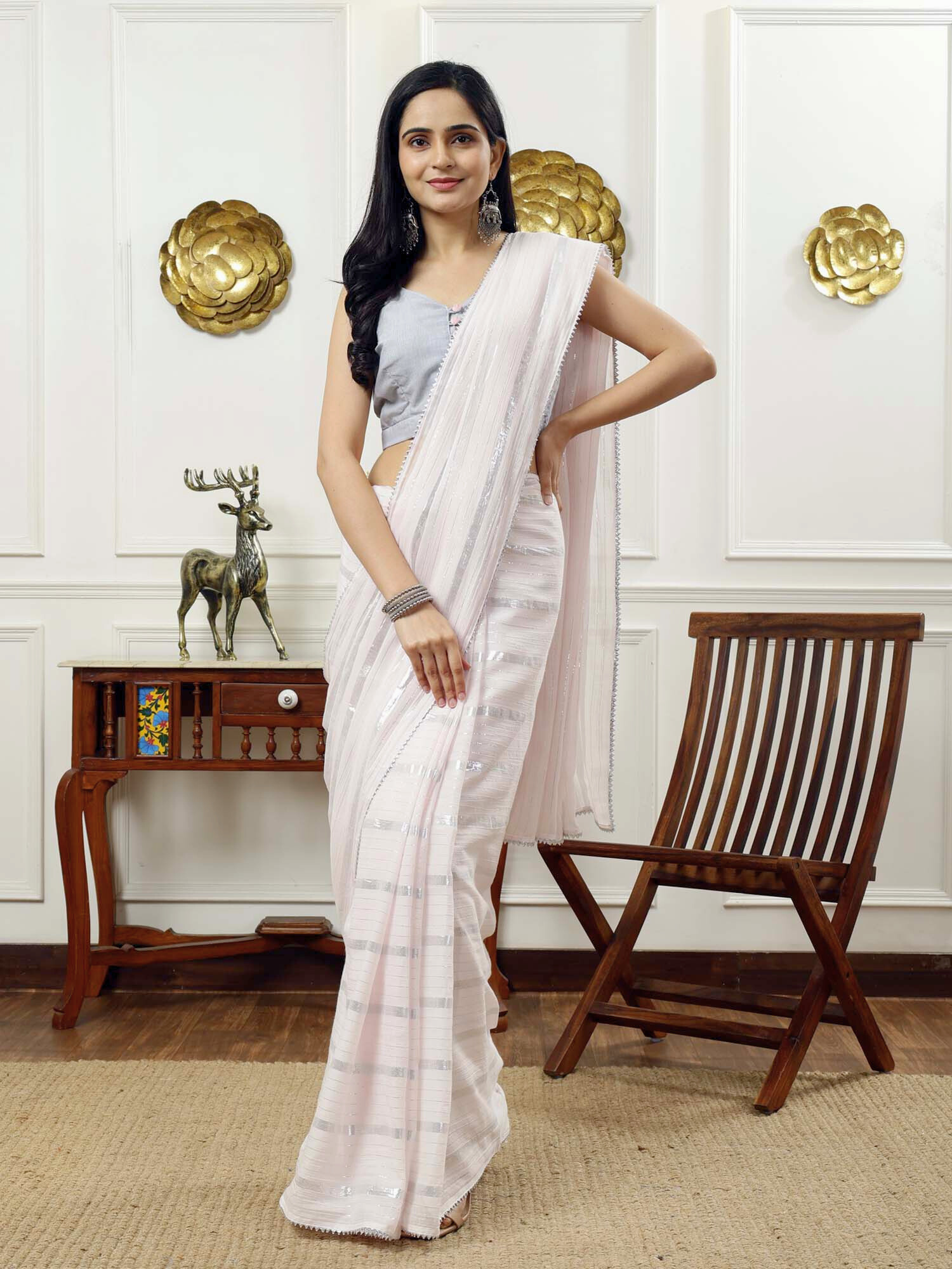 Soft Pastel Pink Cotton Lurex Stripe Saree Hand Embroidered Blouse