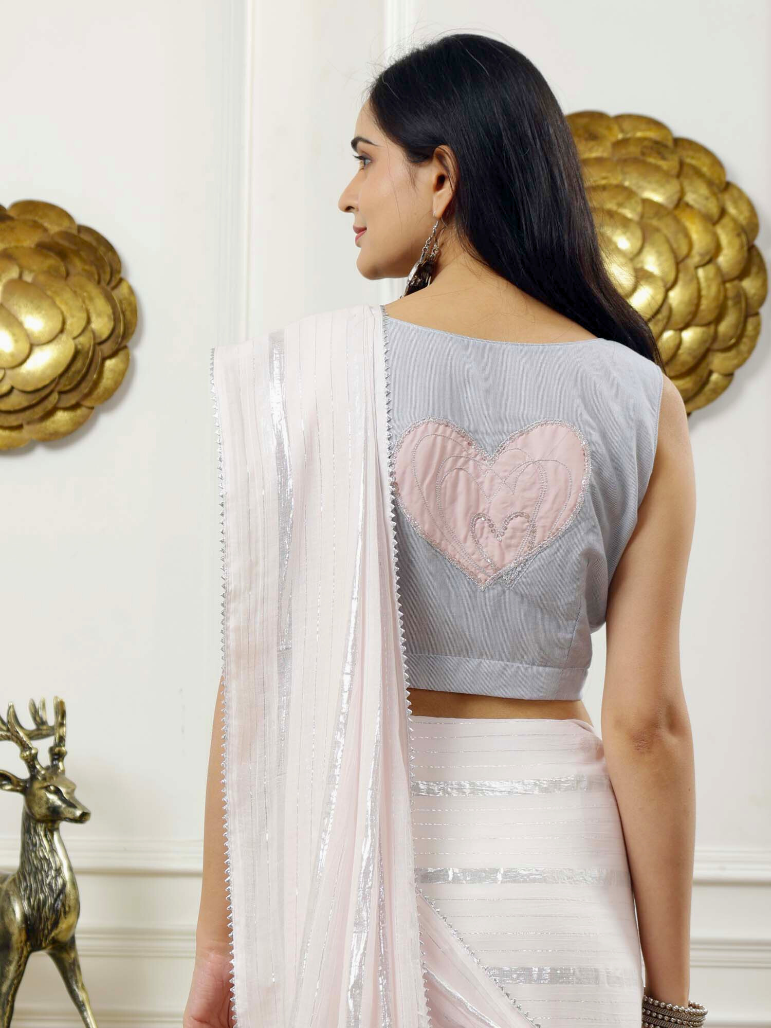 Soft Pastel Pink Cotton Lurex Stripe Saree Hand Embroidered Blouse